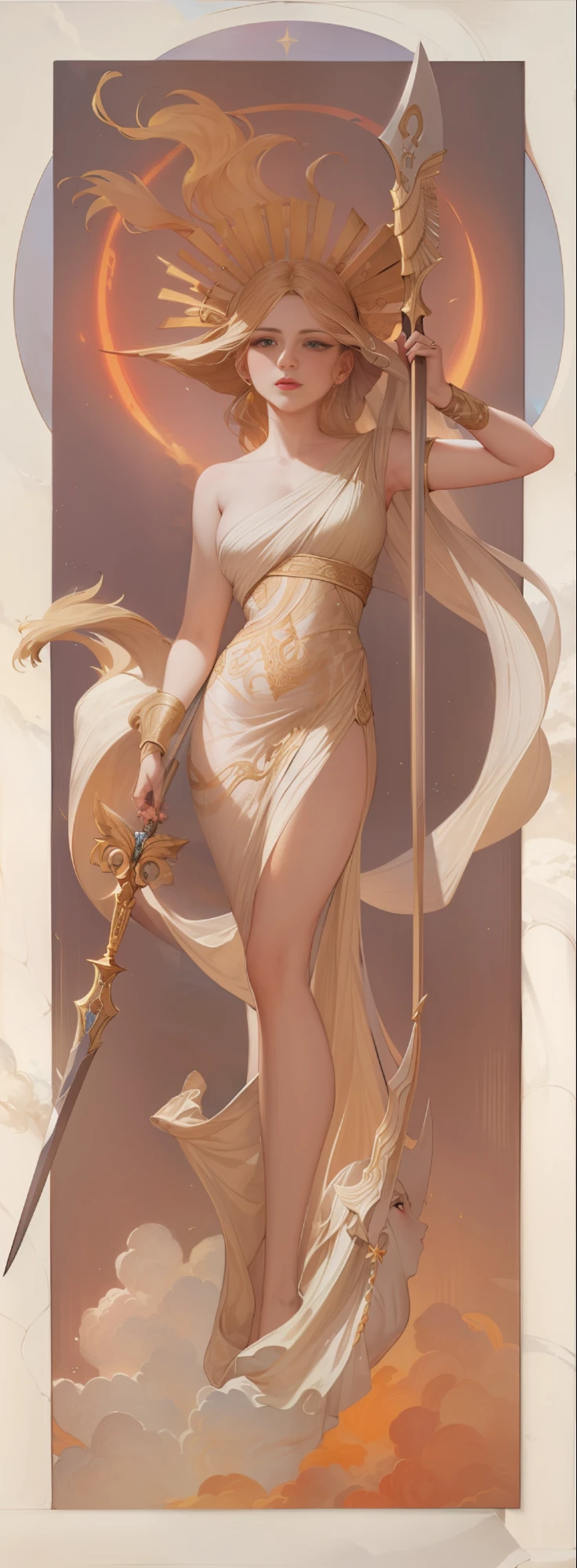 a masterpiece of,Super-High Resolution,A beautiful woman with a sword and halberd in her hand, Long hair floating in the air,Ancient Greek idols style,deusa Atena,Goddess of battle,Goddess of beauty,body art,The wind blows the clothes and floats,The background is sky and clouds, Thomas Blackhill,greek goddess athena, j c leyendecker 8 k, alphonse mucha j. portrait of celtic goddess diana, venus godness athena,