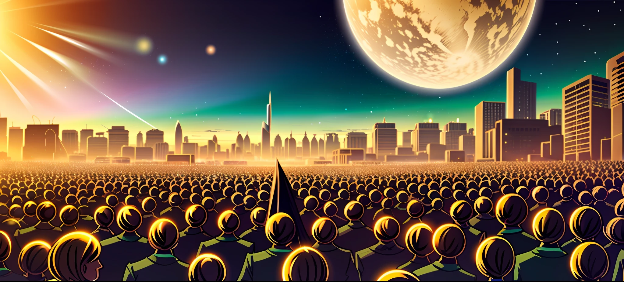 Crowd of aliens, Crowds of aliens, aliens crowded in crowded golden city street,, A large cluster of human-like aliens , colorful manga, Cosmos, anime scenery, Estilo anime, arte digital altamente detalhada em 8k