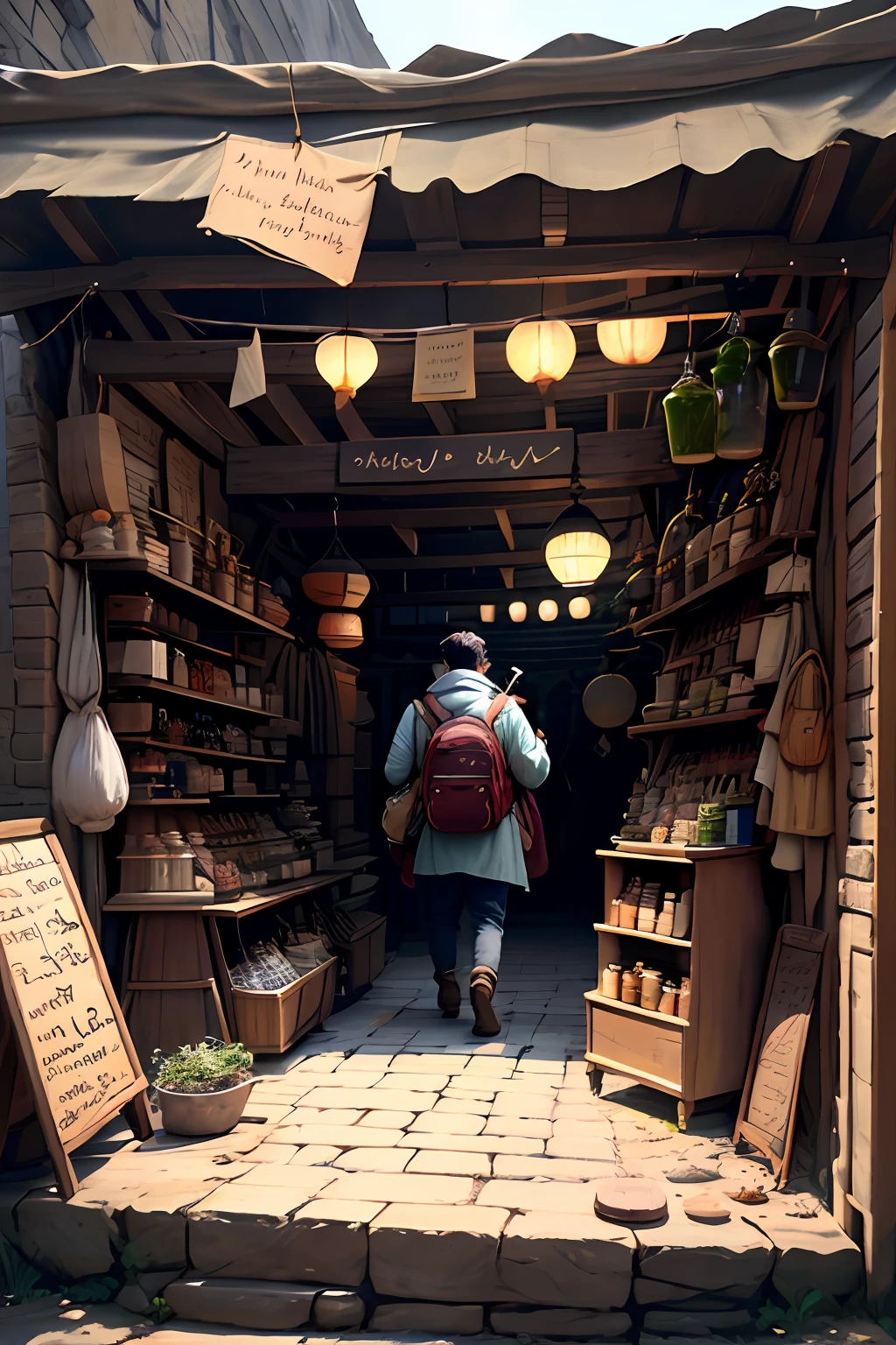 a bard carrying a mandolin, with a huge merchant's backpack on his back, trinkets hanging from the backpack, behind a small stall selling magical wares, magic, potions, magic weapons