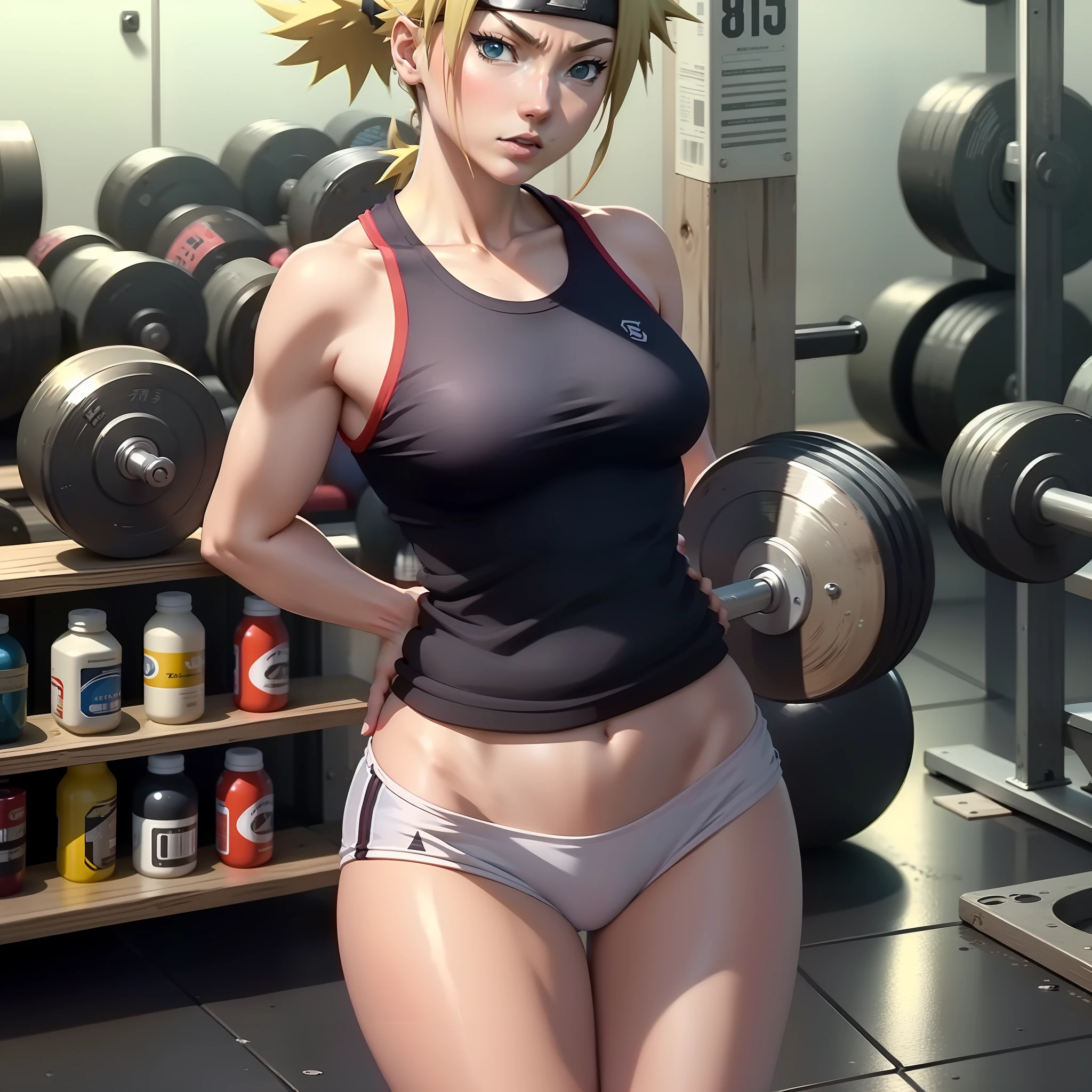 Temari (naruto anime ) in the gym , gym clothes , water bottels , weight rack in the background , seductiv, best quality , masterpiece , 8k , best illustra .