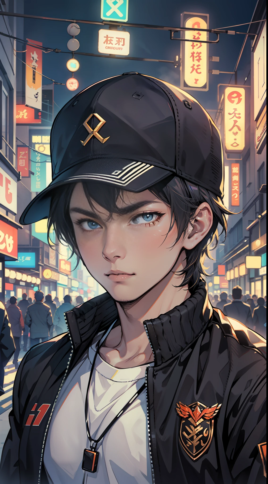 ((Best Quority)), ((the detail))，cinmatic lighting，Dark boy，A cool boy standing in the night street of the city，Surrounded by twinkling neon lights and bustling crowds。He wears chic and personal clothing，Wearing a baseball cap，Wear yours with a stylish jacket。His expression had a hint of confidence and calmness，It's like living in your own unique rhythm。（finedetail：1.2）