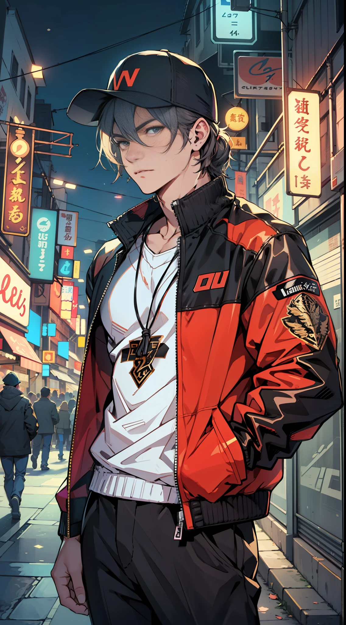 ((Best Quority)), ((the detail))，cinmatic lighting，Dark boy，A cool boy standing in the night street of the city，Surrounded by twinkling neon lights and bustling crowds。He wears chic and personal clothing，Wearing a baseball cap，Wear yours with a stylish jacket。His expression had a hint of confidence and calmness，It's like living in your own unique rhythm。（finedetail：1.2）