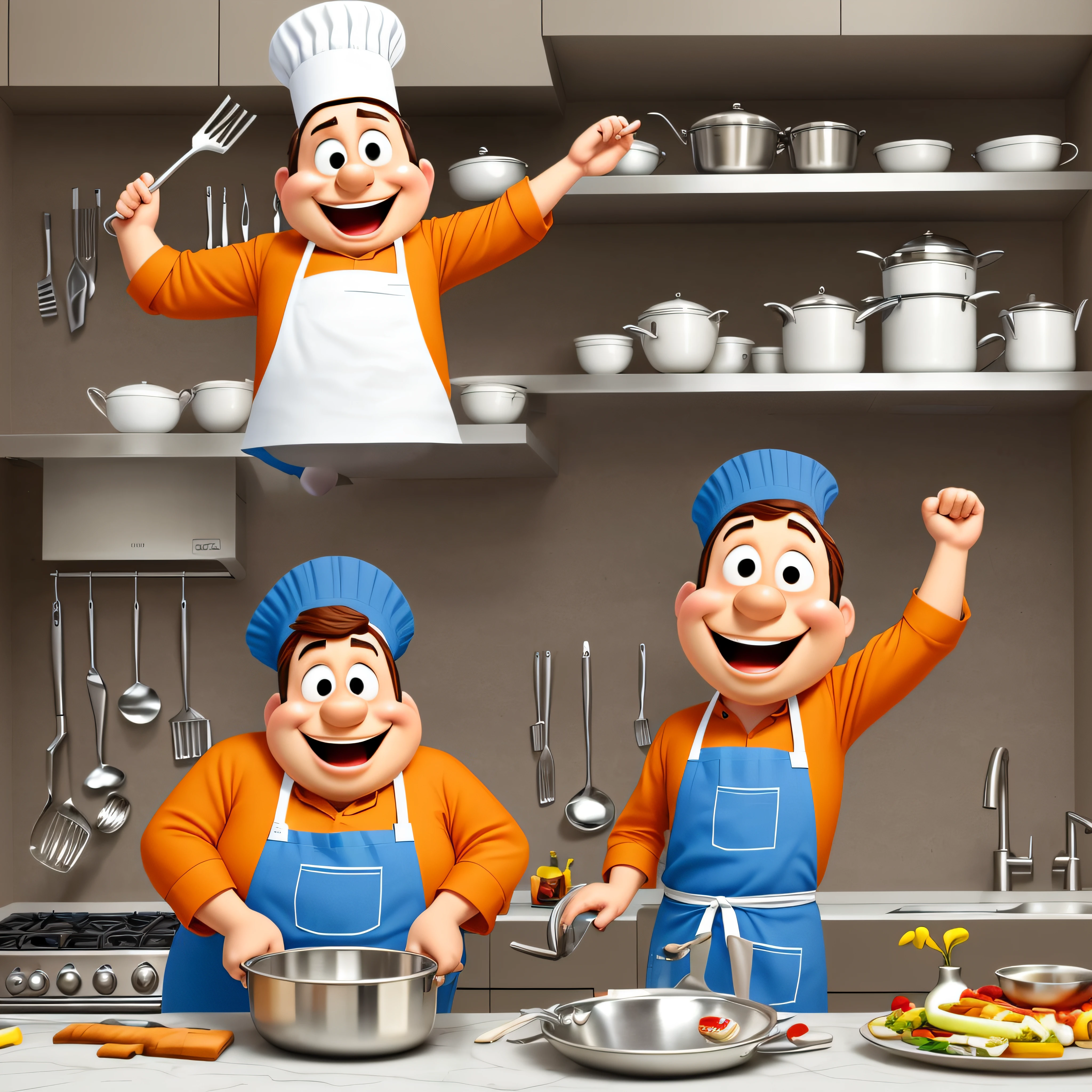 The Disney Pixar-style character cartoon cook is an energetic and enthusiastic character, with a round, fat body and a big smile on his face. He wears a tall, white chef hat and a bright red apron. The kitchen around him is a chaotic mess, with pots and pans stacked high on the counters and dishes piled up in the sink --auto