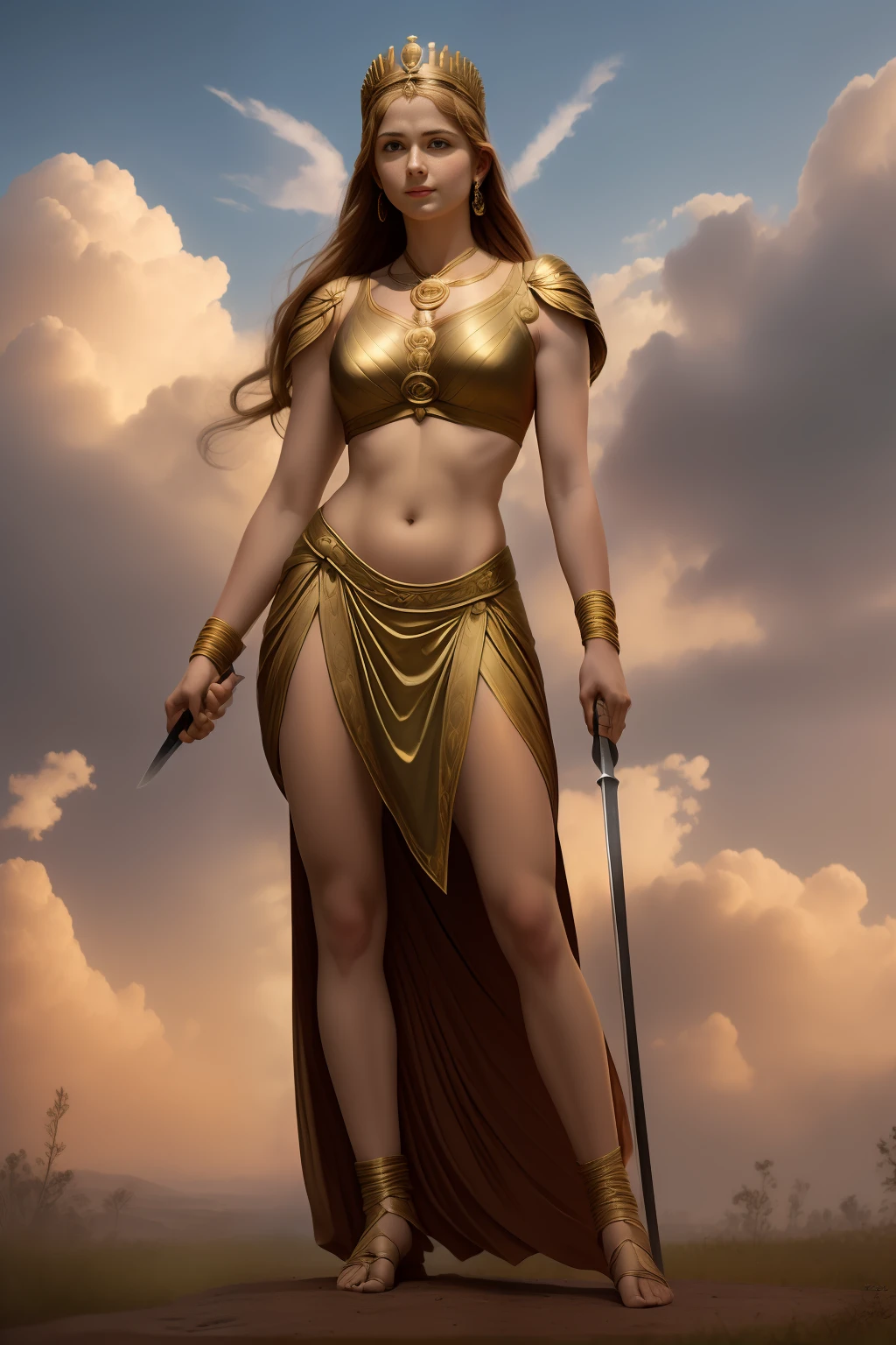 a masterpiece of，Super-High Resolution，A beautiful woman with a sword and a spear in her hand, Standing in the wilderness，Long hair floating in the air，No crown，Ancient Greek idols style，deusa Atena，Goddess of battle，High spear，Beautiful human body，No crown， The wind blows the clothes and floats，The background is sky and clouds,Thomas Blackhill,greek goddess athena, j c leyendecker 8 k, alphonse mucha j. portrait of celtic goddess diana, venus godness athena,