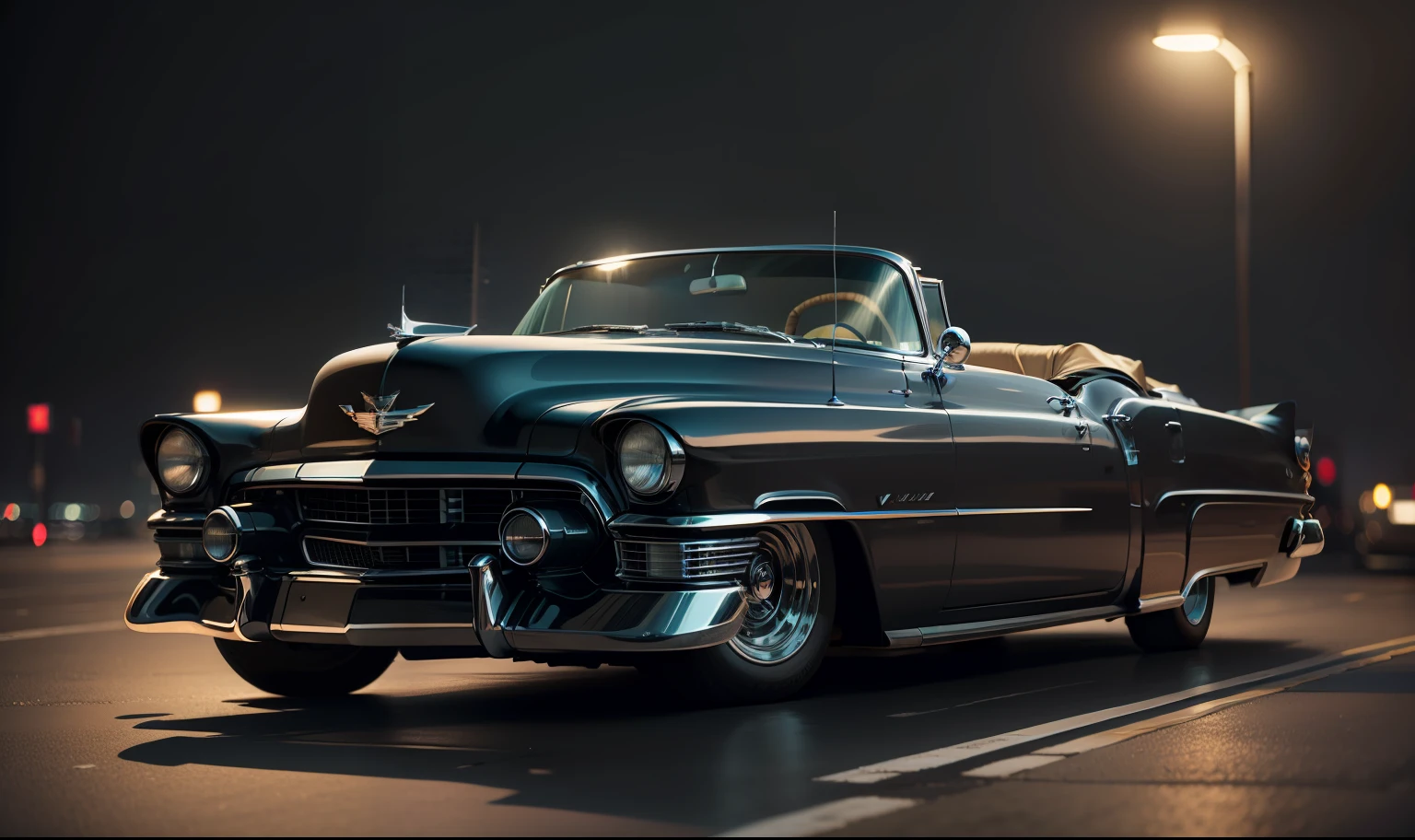 Black Cadillac Eldorado 1956 convertible , realistic, hd, cyberpunk in cybercity at night, 32K --auto