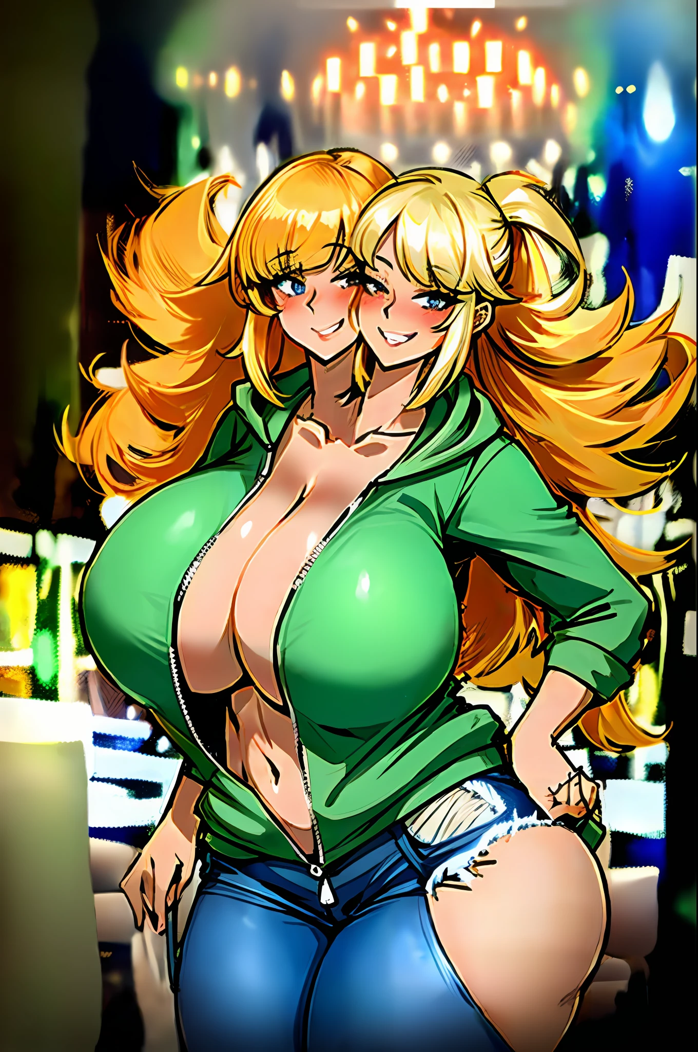 2heads, a chubby woman with 2 heads. She has enormous breasts. She is wearing a zip-up hoodie. Her hoodie is unzipped. She is not wearing clothes beneath the hoodie. Her enormous breasts are exposed through the unzipped hoodie. She is wearing jeans. She has thick thighs. She has gigantic breasts. She is blushing. She is smiling. She looks seductive. Massive breasts. She is in a bar. She is dancing. She looks drunk. Her breasts are gigantic.