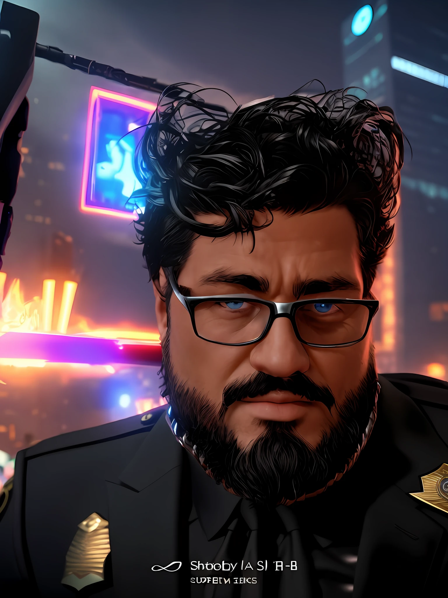 there is a super cop man. In black suit. 8k super realistic. Tuff guy.