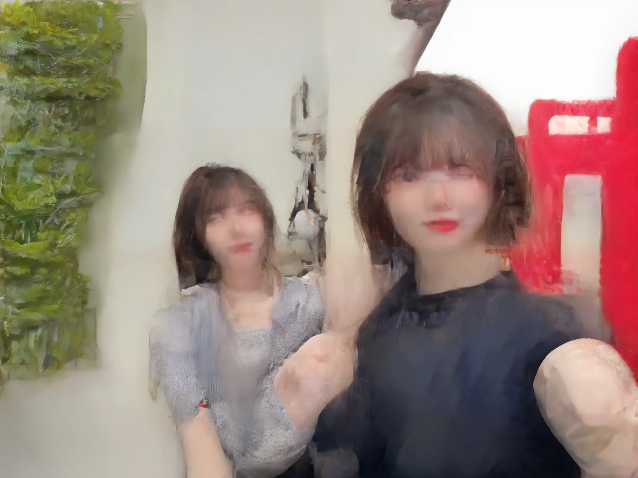 there are two women standing outside of a building with a red phone booth, 8k selfie photograph,With a Chow Chow lizard in front of a ramen shop, Short,Double eyelids