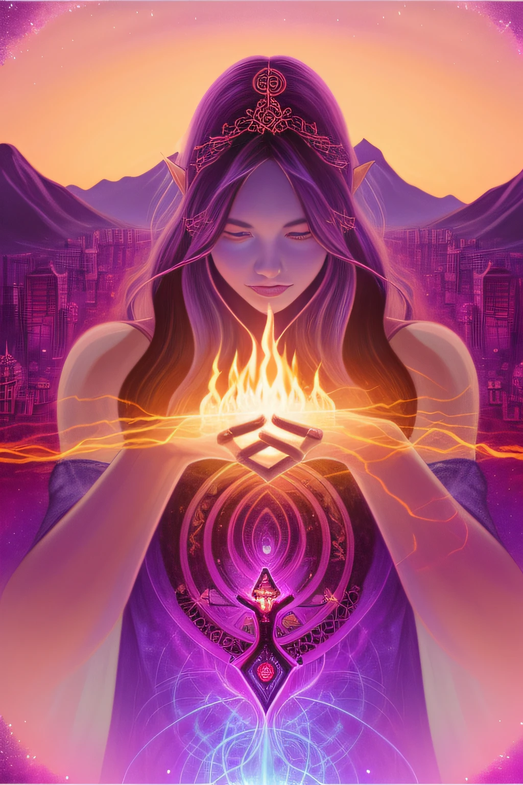 Close-up of an elf holding a glowing object in his hand、jen bartel、Aura of Power。Black aura shining with detail、Beeple and Jeremiah Kettner、Shine from the inside、Elemental Guardians of Life、Purple aura、The art of the holy fire spell、Unleash superpowers、Visionary art style、The essence of ether、Uptrend、astral ethereal