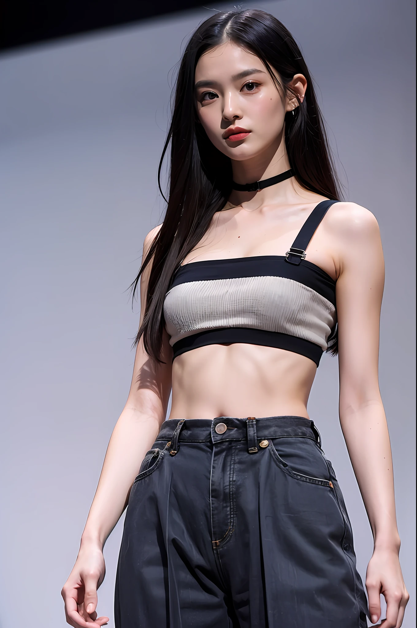 （Highly detailed body，Highly detailed face，the best quality：1.2） ，a woman with，Look at viewers，（Black suspender bandeau top，Black extra-short slacks）The clothes have no connection to the pants，（The catwalk in the background is unoccupied：1.4）