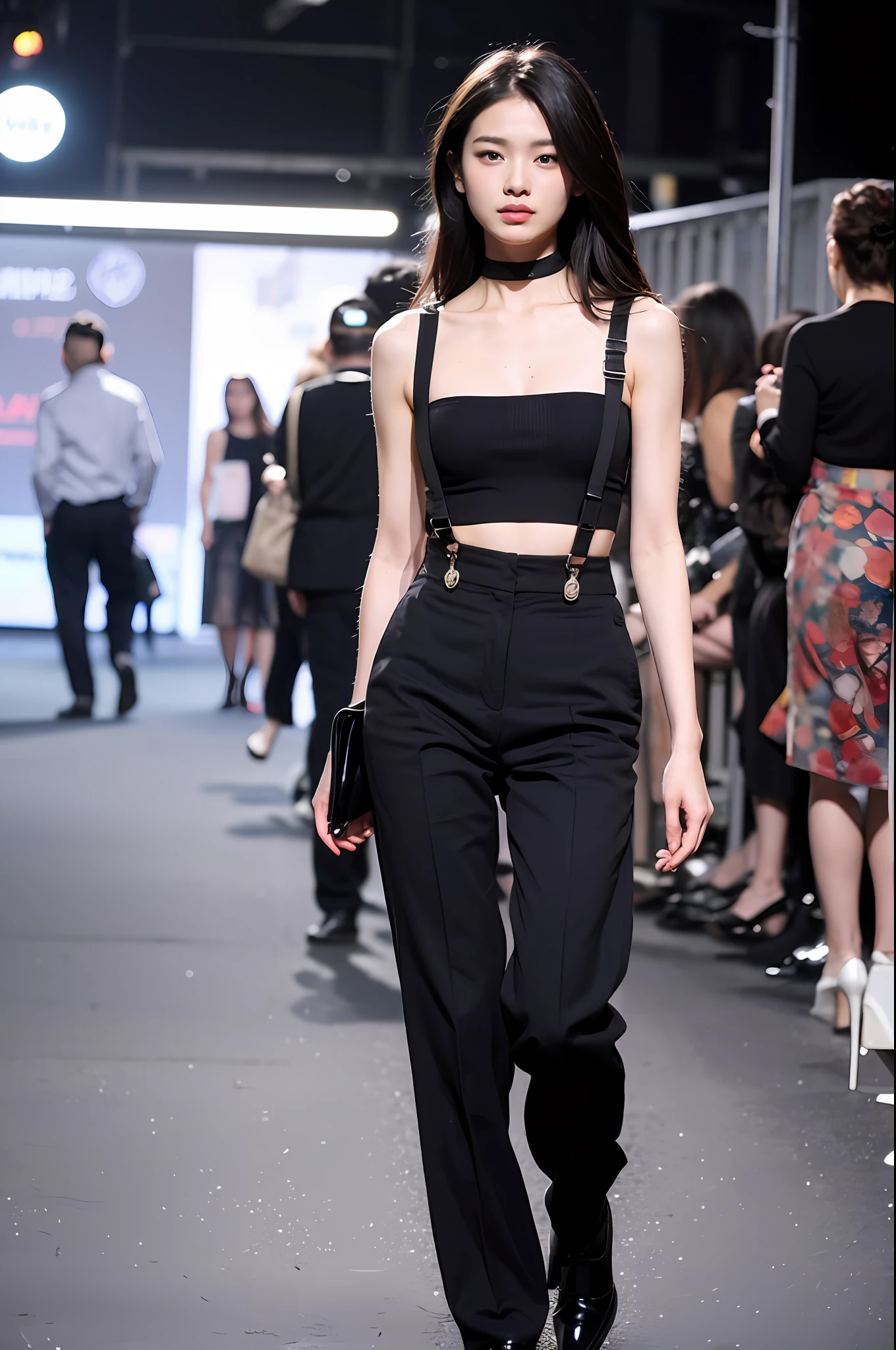(Highly detailed body,Highly detailed face,the best quality:1.2) ,a woman with,Look at viewers,(Black suspender bandeau top,Black extra-short slacks)The clothes have no connection to the pants,(The catwalk in the background is unoccupied:1.4)