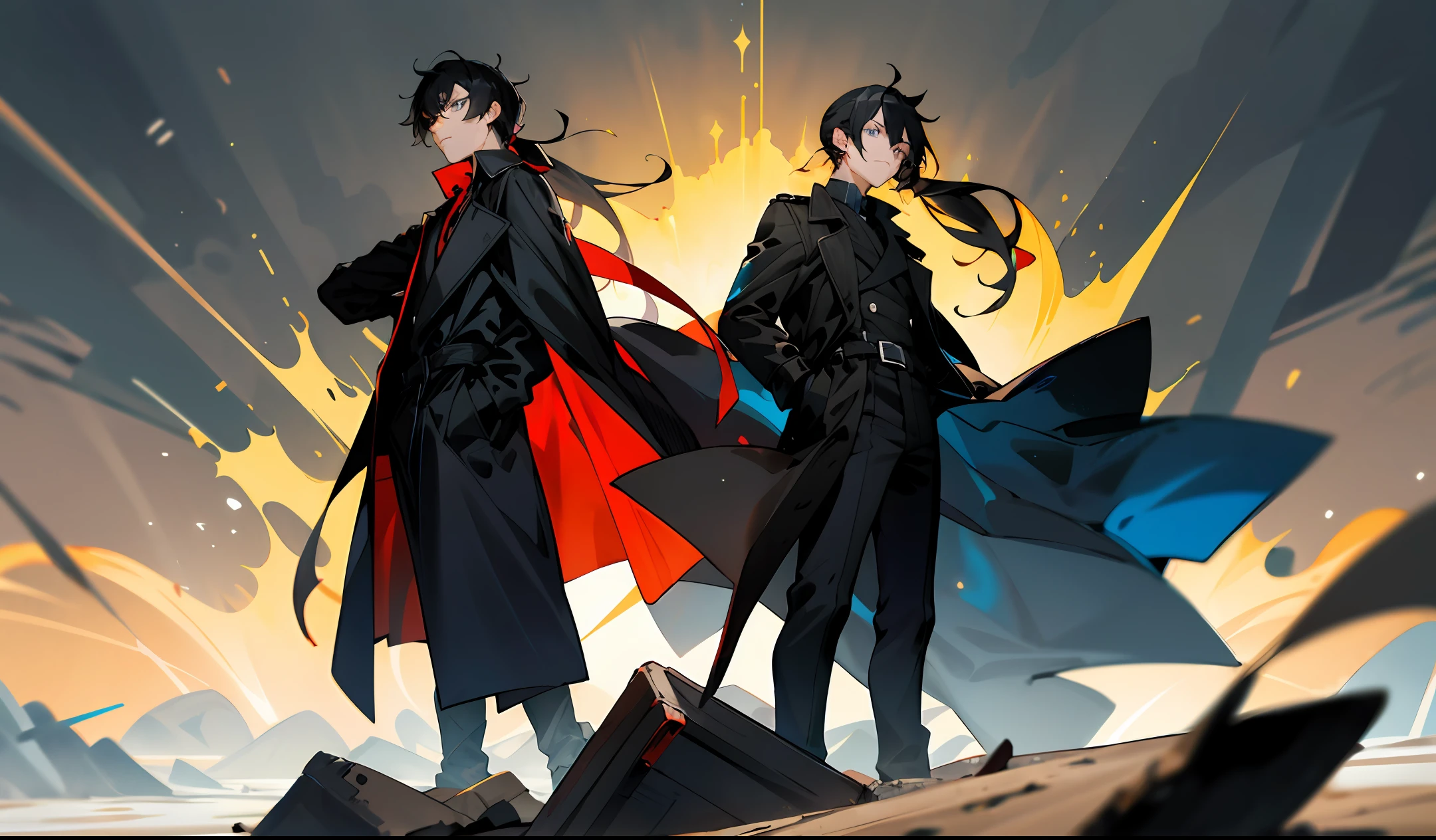 Anime male，Black hair，Hair fried slightly，Low ponytail，blue eyess，deserted，Black trench coat，boot，serious，年轻，Overlooking，Sense of oppression