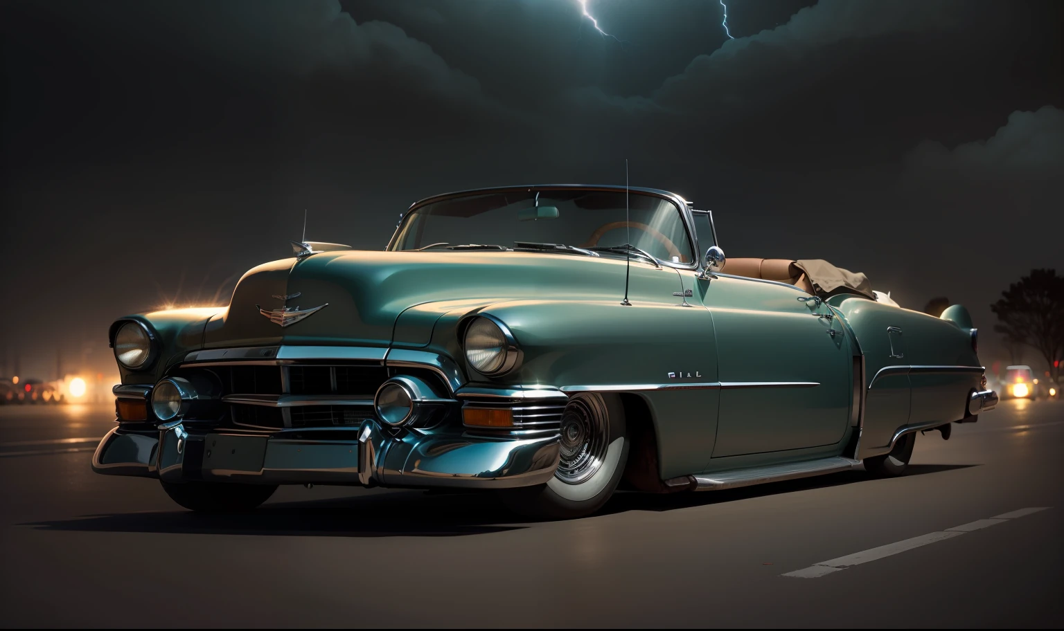 Cadillac El Dorado convertible 1954, dark atmosphere, nightfall, cinema photography, lightning road, warm colours, keep the car faithfull to the original, 8K --auto