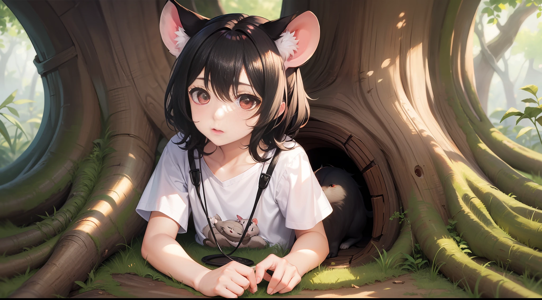 a pair of white rat ears:1.3,Male:1.2,Red eyes,brownish black hair,12year old), lovly, Pink pet tree hole, Children's comic style, Warm light, Full of childlike scene details