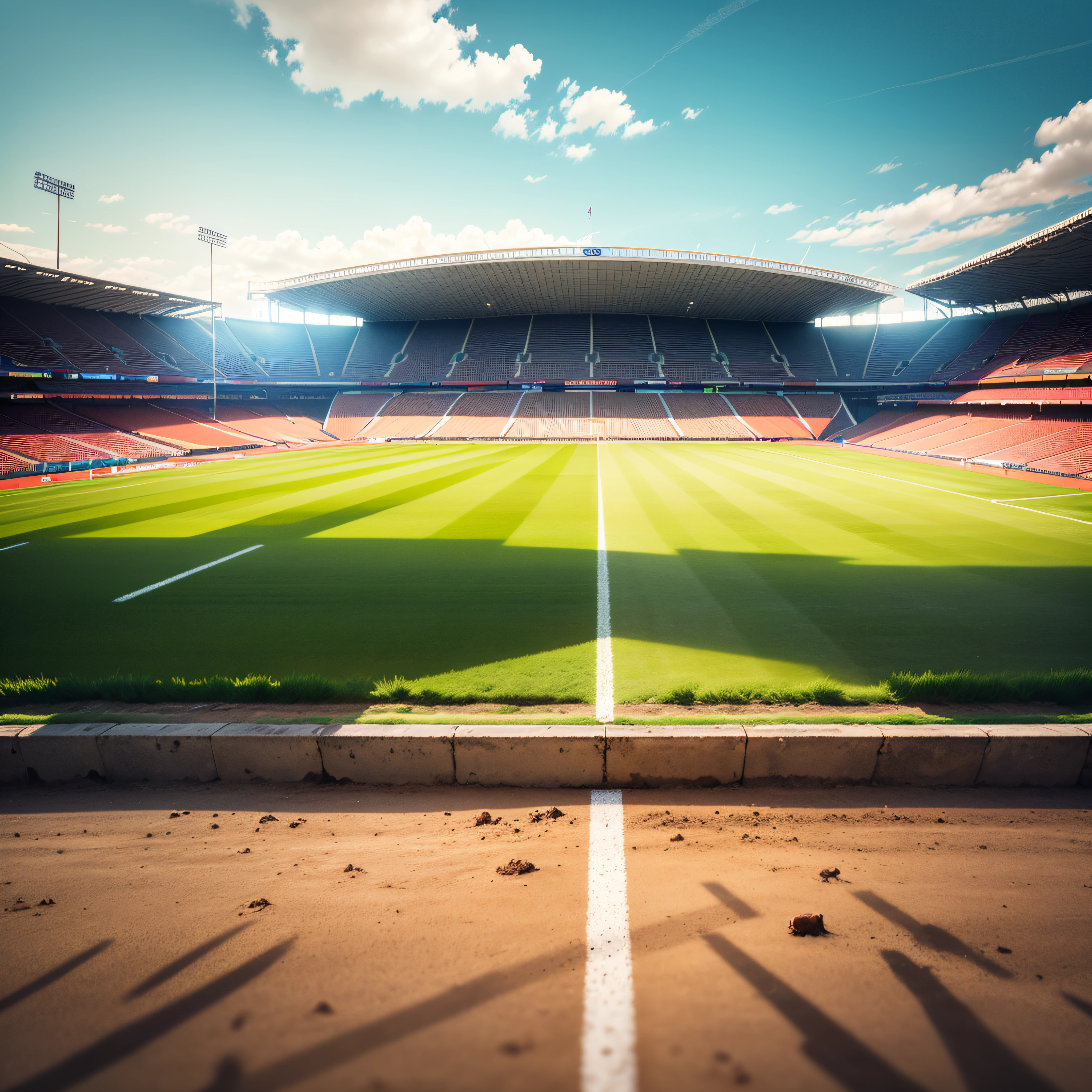 there is a view of a track with a green field, Rugby field, Rugby goals, stadium setting,  blue-sky, Ground View, wide long view, crowded stands, stadium landscape, center straight composition, , ground - level view, ground-level view　clear　Sunnyday　skyward　suns --auto