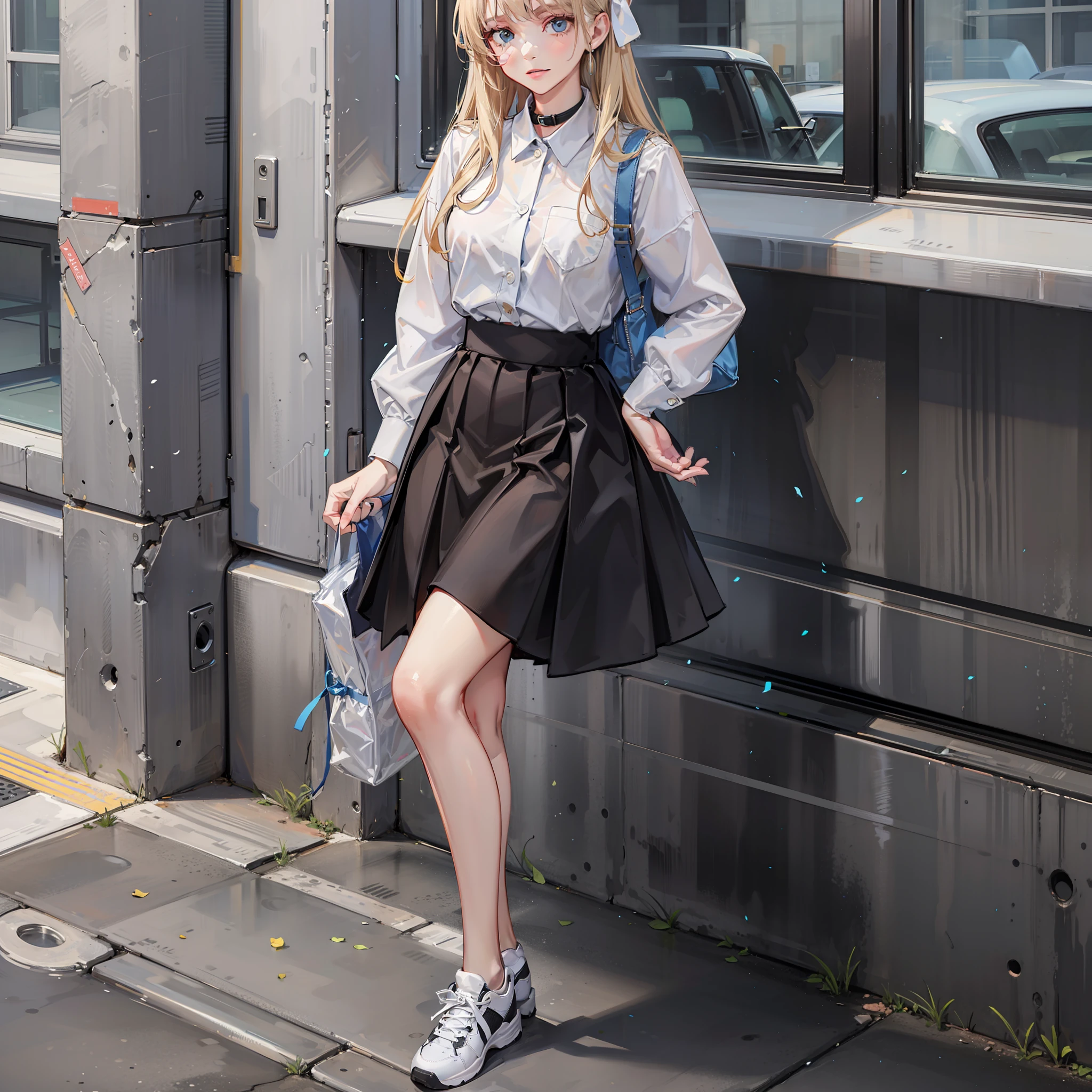 Girly white shirt, black wrinkle skirt, bare legs, kicks
