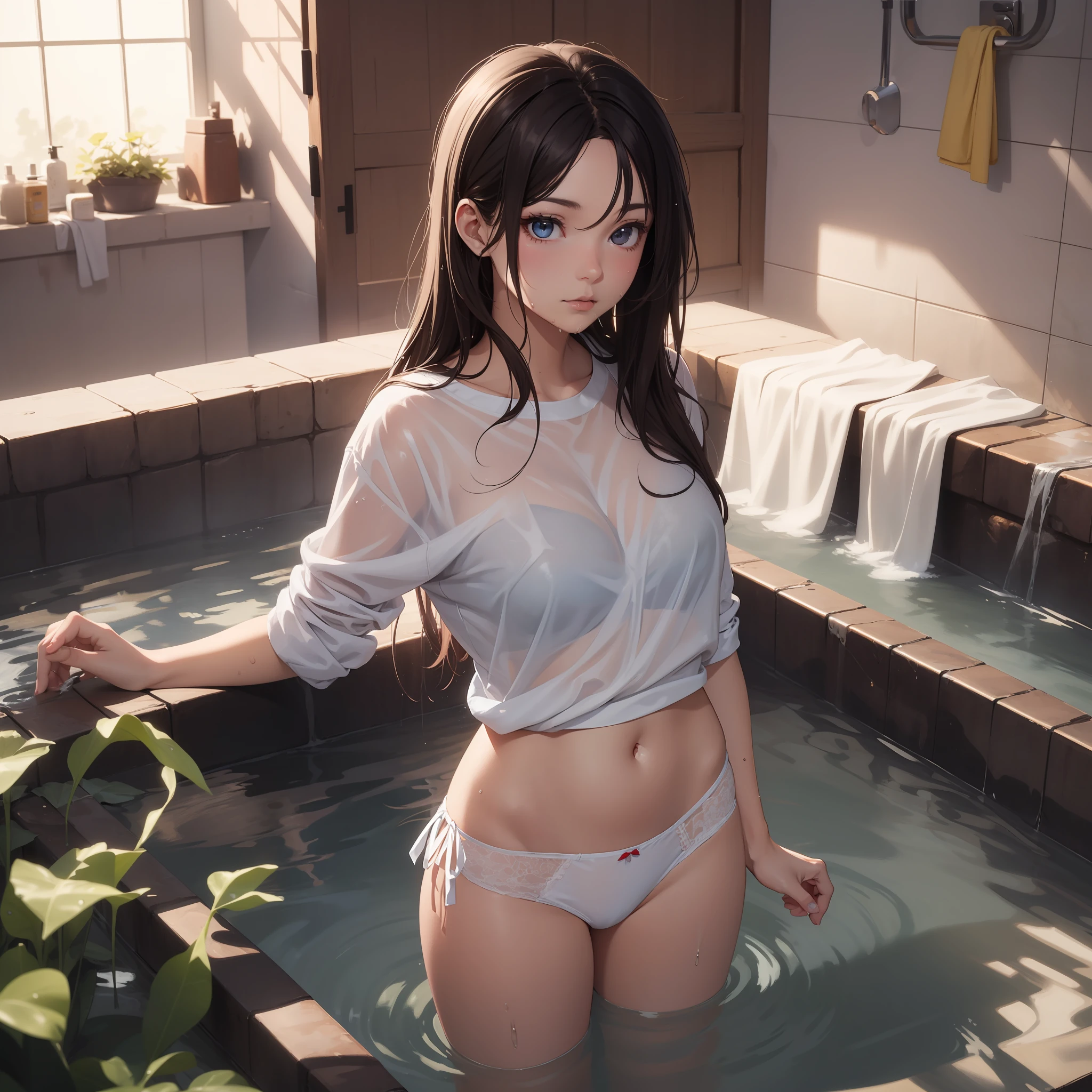 A young girl with long hair, wearing wet spant shirt and tack a bath, white panties, digital painting, artstation, 8k resolution,