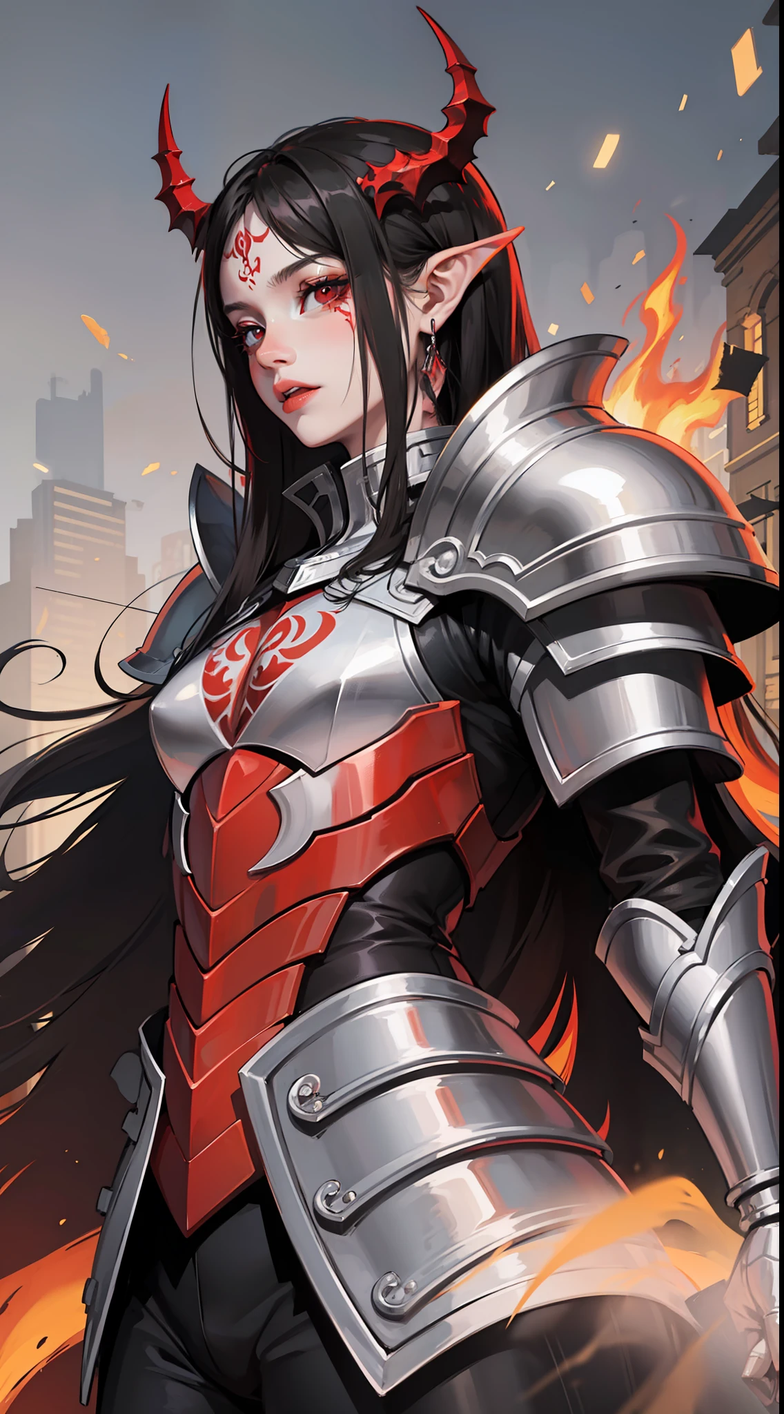Young guy, long black hair, red eyes, red tattoo on face, demon armor, daedric armor, rage, Masterpiece, high quality