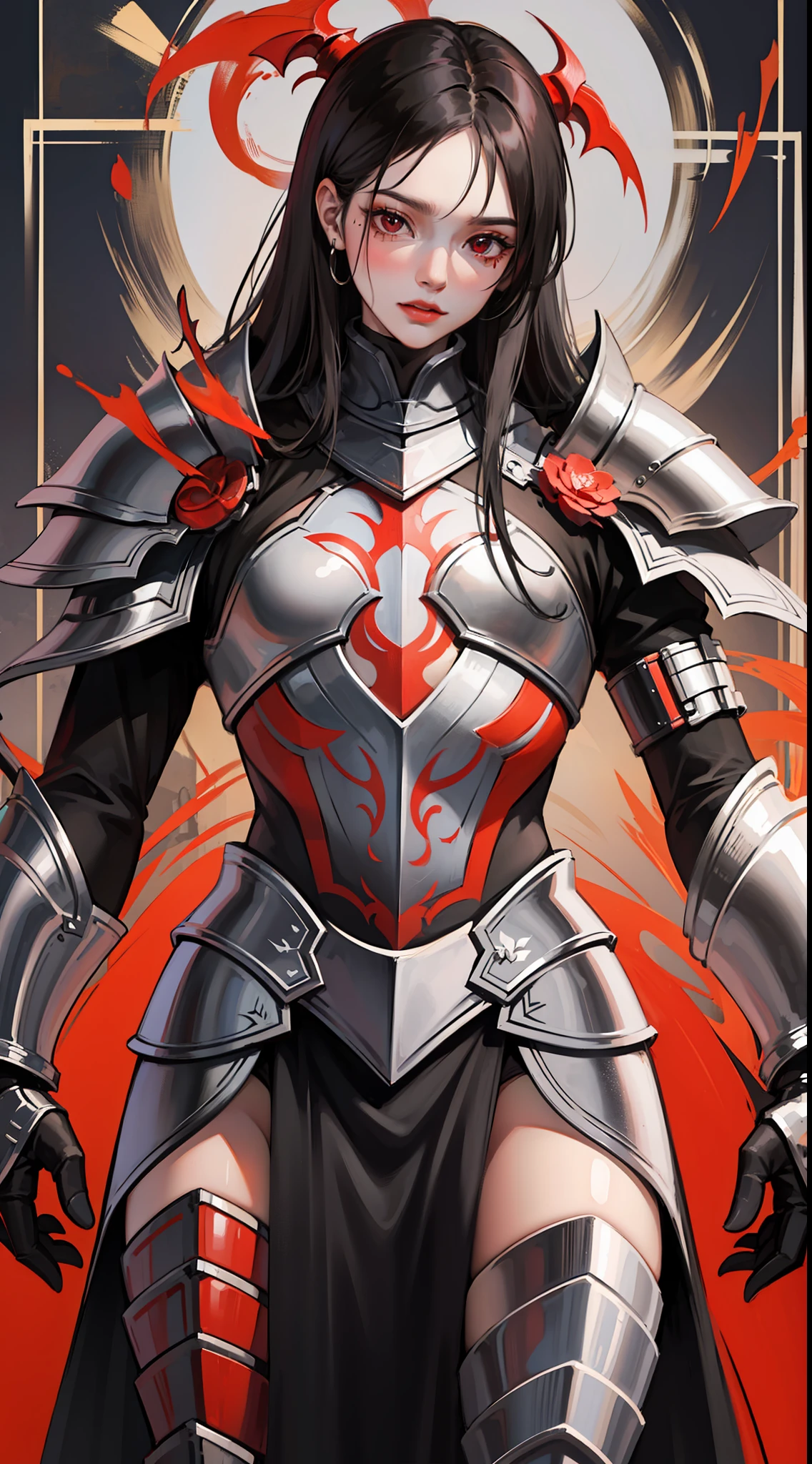 Young guy, long black hair, red eyes, red tattoo on face, demon armor, daedric armor, rage, Masterpiece, high quality