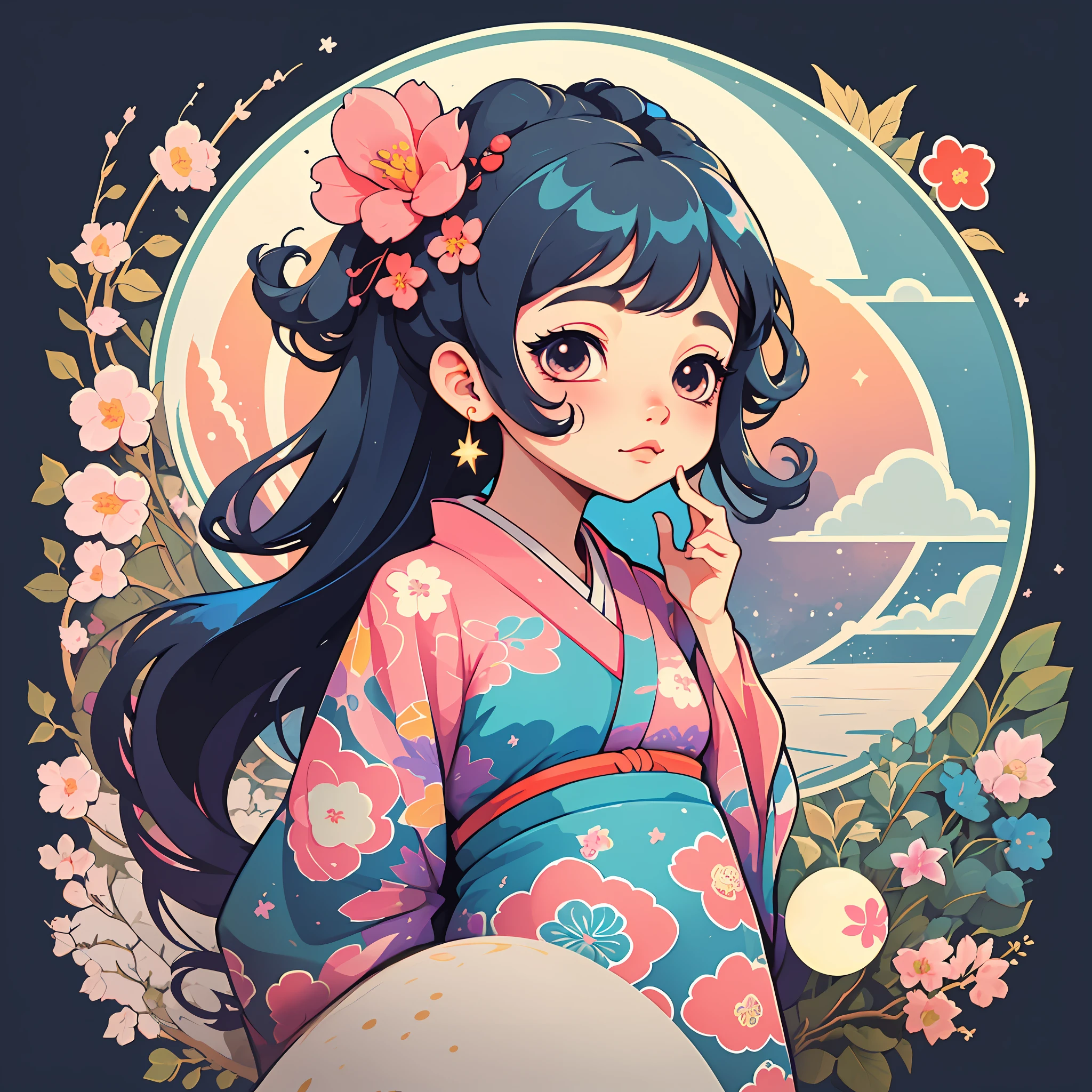 1 sticker, sticker, nikkaze, (cute girl), (gorgeous kimono), (gorgeous hair accessory), (Japanese traditional hairstyle), cherry blossoms, clouds, behind is a huge round moon, stars, white background, no background, simple background, minimal, cute, tiny, pastel color, vector style, no gradient