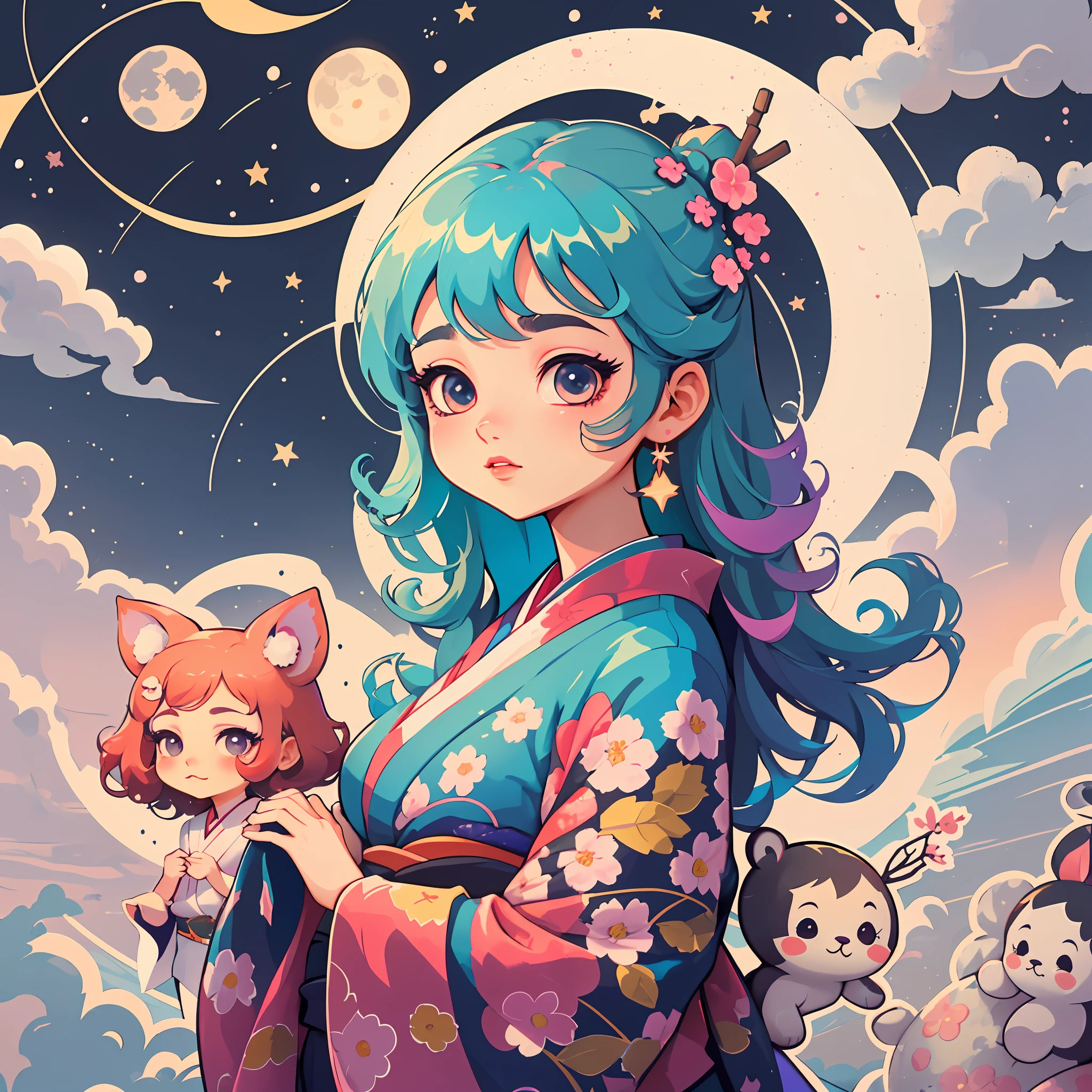 1 sticker, sticker, nikkaze, (cute girl), (gorgeous kimono), (gorgeous hair accessory), (Japanese traditional hairstyle), cherry blossoms, clouds, behind is a huge round moon, stars, white background, no background, simple background, minimal, cute, tiny, pastel color, vector style, no gradient