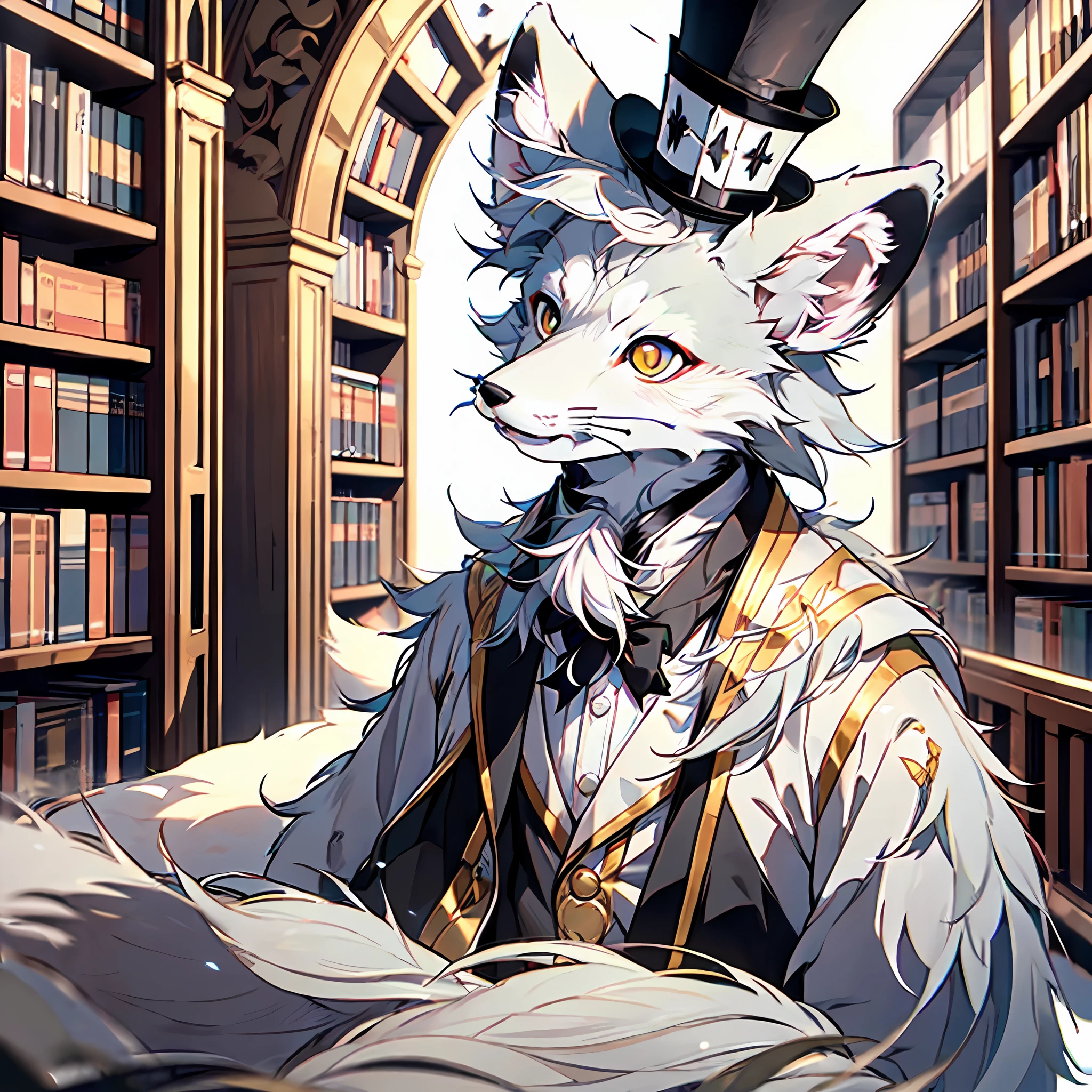 (Best picture quality), ((Sharpen 1.2)),(a masterpiece of), The lines are obvious,(((solo person))),(hyper detailled),(was hairy), Hairy all over,Furry,(Male arctic fox:1.5), (grey skin:1.3), (Gray fur:1.3),(Golden eyes), ((Canine paws)), ((Gray paws)),(grey ears),Sharp focus,(The furry feeling of animal ears),((Wear a magician's robe)),magestic,((Wearing a magician top hat)),In the old library,Close-up of people,detailedbackground