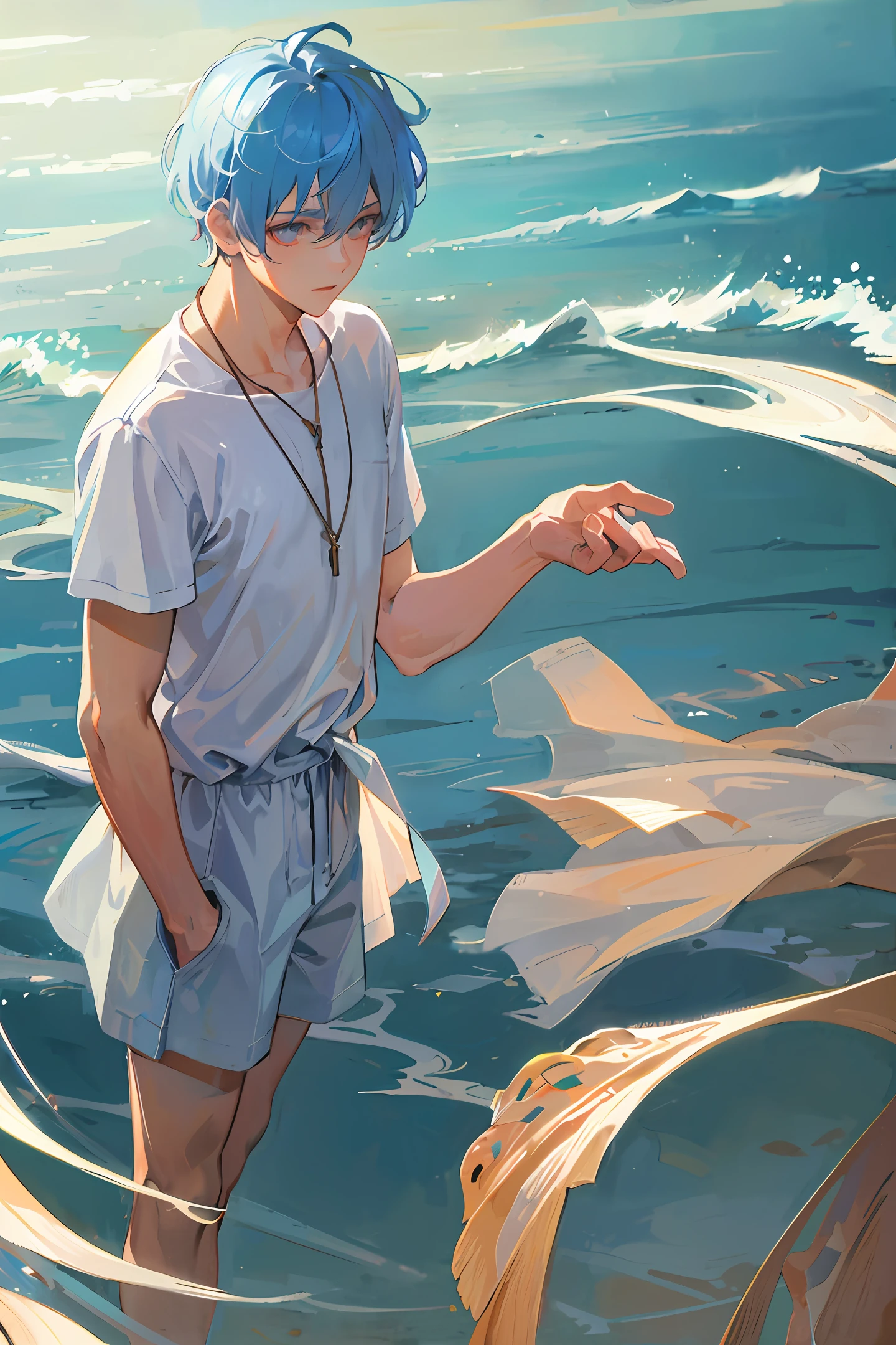 Handsome boy,the ocean,Shota,Masterpiece of best quality,hyper detailled,illustratio,1boy,white shirt,sun beam,Sat down,Swimming fish,Short Hair Hair,Expressiveness,Light and shadow art