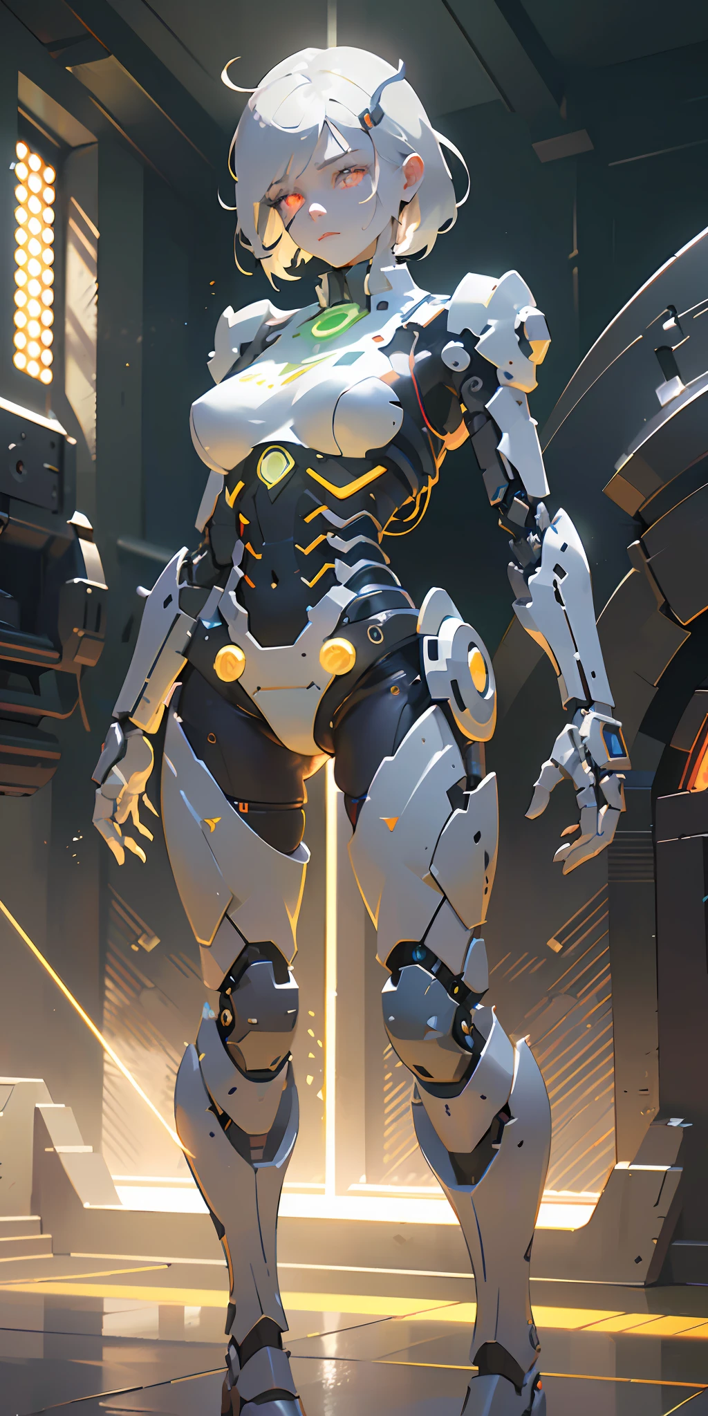 (from front:1.5), (1mechanical girl:1.5),full body, solo, Slim waist, thick thighs,  (machine made joints:1.2),(machanical limbs:1.1),(blood vessels connected to tubes),(mechanical vertebra attaching to back),(mechanical cervial attaching to neck), lights on armor, mecha headglass, (Luminous Arms:1.5), (laser eyes:1.5), expressionless, huge breast, 

colorful,hdr, ray tracing, nvidia rtx, super-resolution, unreal 5, subsurface scattering, pbr texturing, post-processing, anisotropic filtering, depth of field, maximum clarity and sharpness, rule of thirds, 16k raw, (luminescent particles:1.4), extremely detailed cg, unity 8k wallpaper, 3d, cinematic lighting, lens flare, reflections, sharp focus, cyberpunk art,  realistic, highly detailed CG illustration, an extremely delicate and beautiful, cinematic light, (photorealistic:1.5), (Dark background:1.5),dynamic angle, masterpiece, best quality, ultra-detailed, illustration, detailed light, dramatic_shadow,face shadow,extra detailed,best performance,