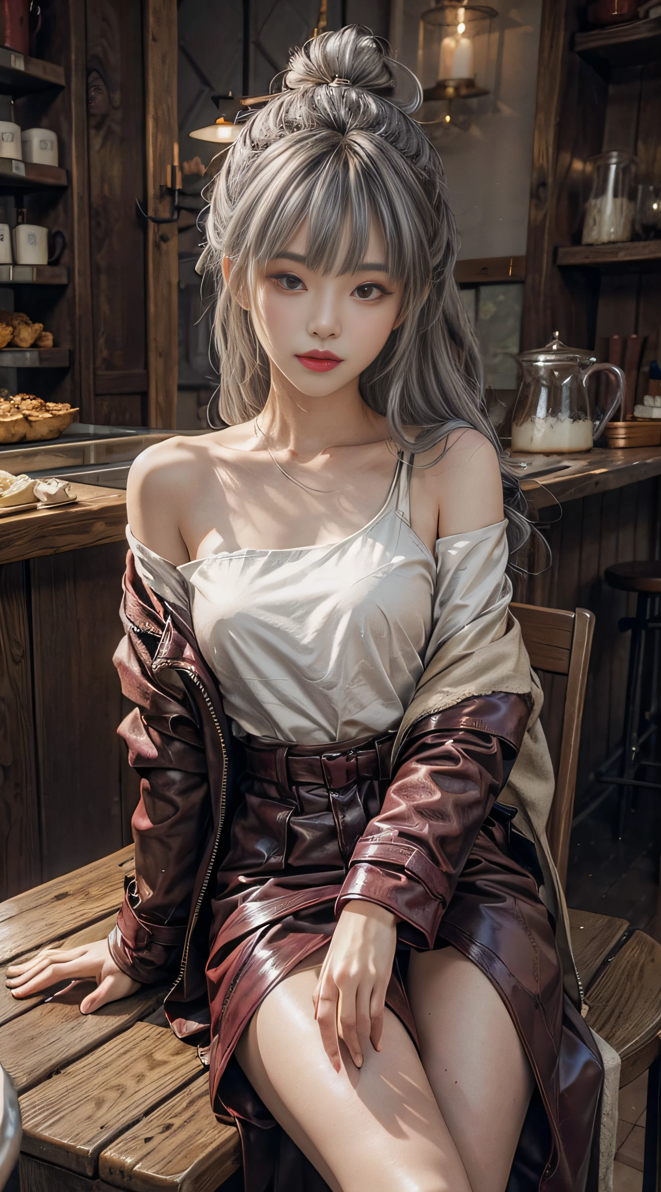 Gray hair，plein-air，Burgundy leather coat，Exposed shoulder，Silver long hair hair，In front of the milk tea shop