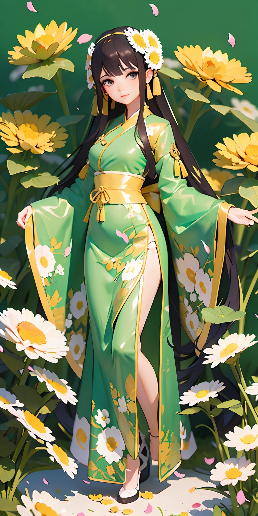 beautiful girl with big watery eyes, full body, delicate shoes, delicate hair, an ancient Chinese beauty, wearing ancient Chinese clothing, flowing tulle, light silk, (chrysanthemums, green meadows, chrysanthemums petals), ink painting style, clean color, decisive cutting, blank, freehand, masterpiece, super detailed, epic composition, high quality, the highest quality, 4k