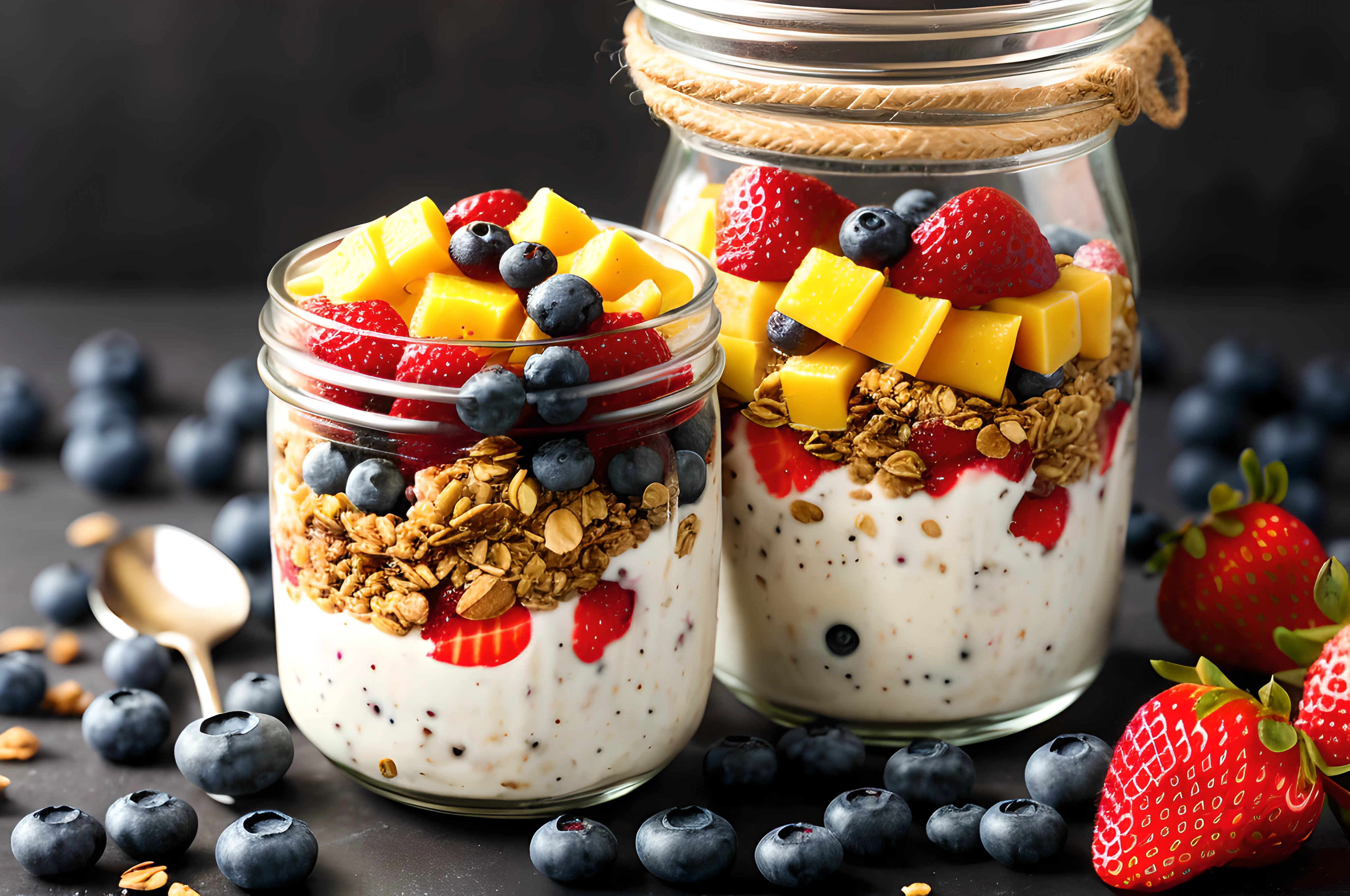 Fresh yogurt granola parfait with sliced nuts, fresh strawberry, raspberry, blueberry and mango fruits in a glass jar on dark background