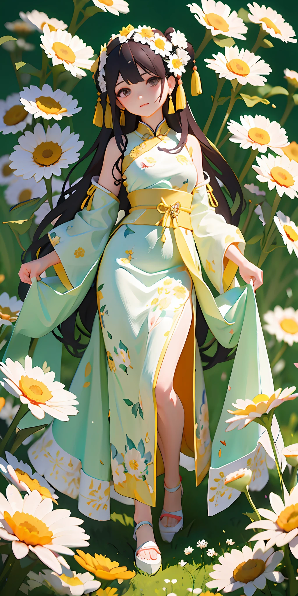 beautiful girl with big watery eyes, full body, delicate shoes, delicate hair, an ancient Chinese beauty, wearing ancient Chinese clothing, flowing tulle, light silk, (chrysanthemums, green meadows, chrysanthemums petals), ink painting style, clean color, decisive cutting, blank, freehand, masterpiece, super detailed, epic composition, high quality, the highest quality, 4k
