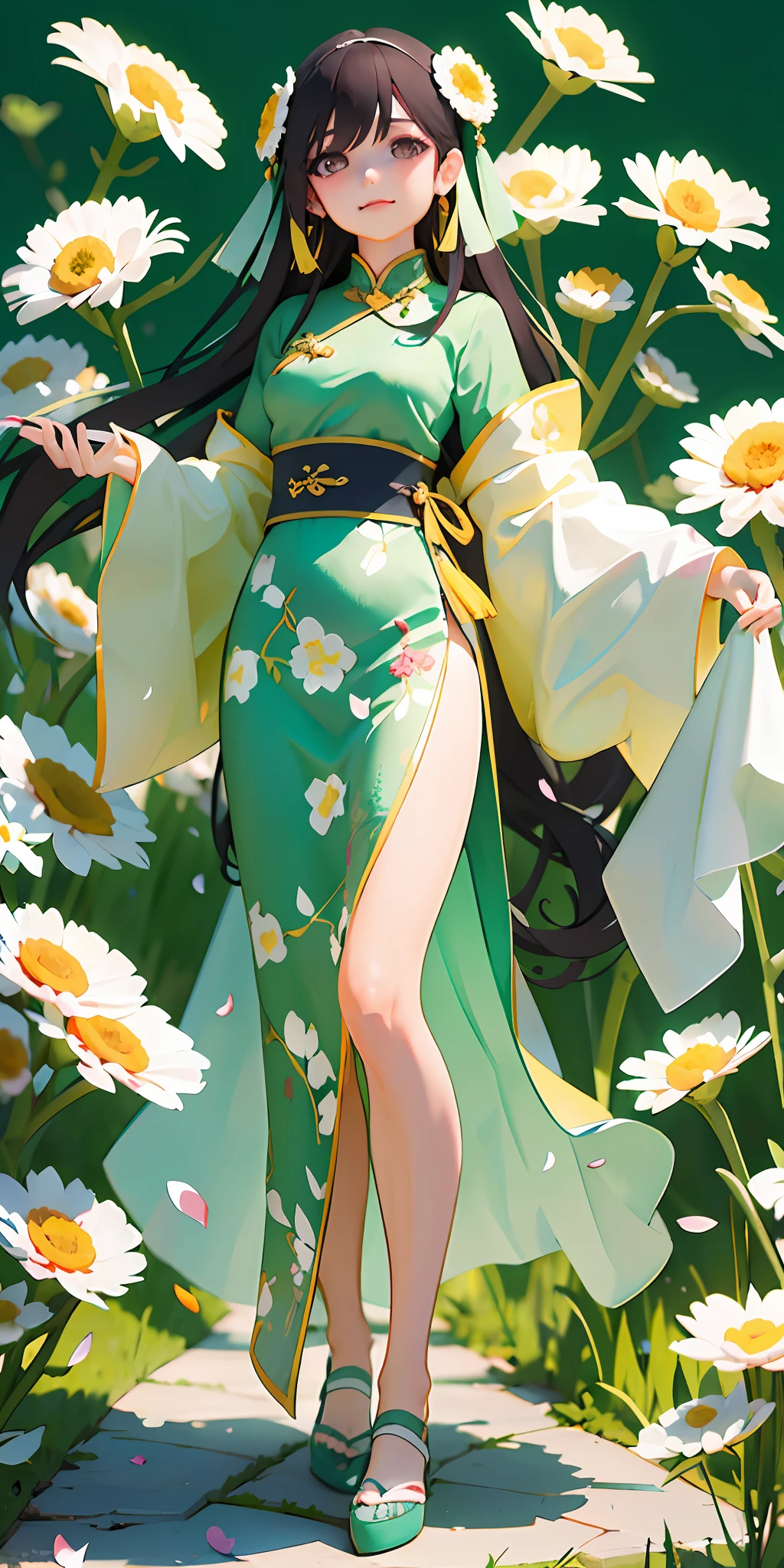 beautiful girl with big watery eyes, full body, delicate shoes, delicate hair, an ancient Chinese beauty, wearing ancient Chinese clothing, flowing tulle, light silk, (chrysanthemums, green meadows, chrysanthemums petals), ink painting style, clean color, decisive cutting, blank, freehand, masterpiece, super detailed, epic composition, high quality, the highest quality, 4k