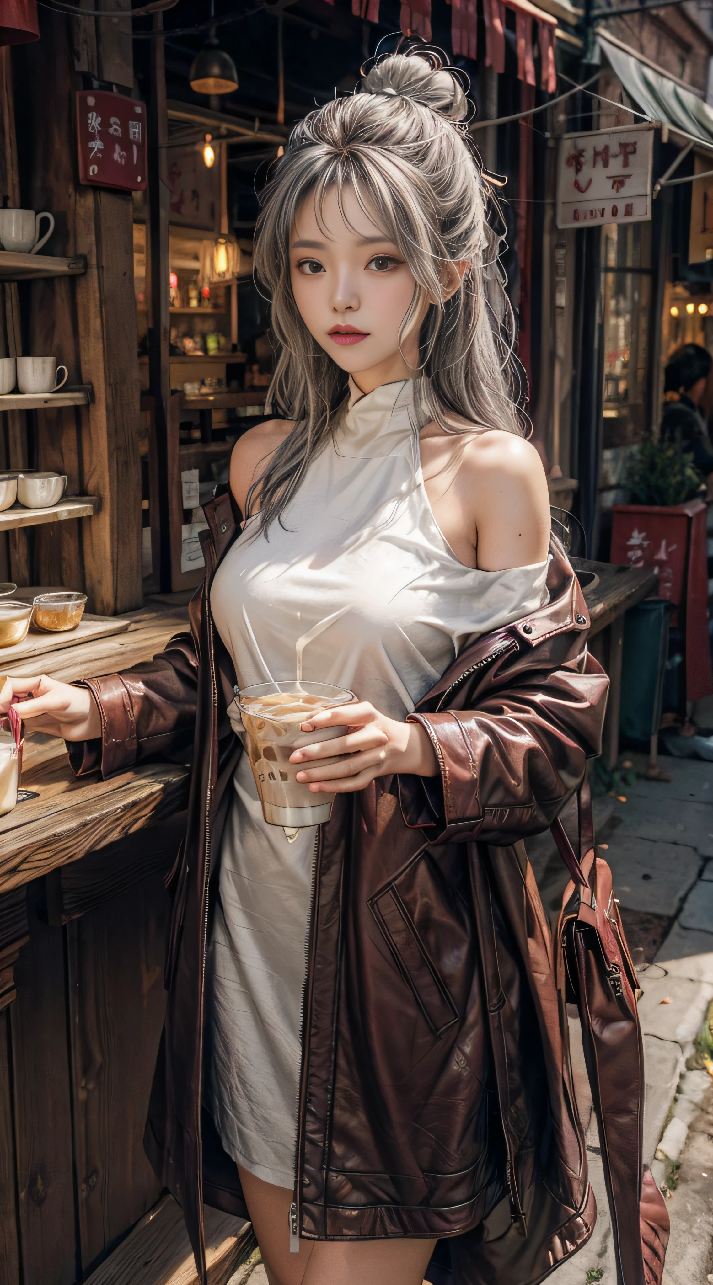 Gray hair，plein-air，Burgundy leather coat，Exposed shoulder，Silver long hair hair，In front of the milk tea shop