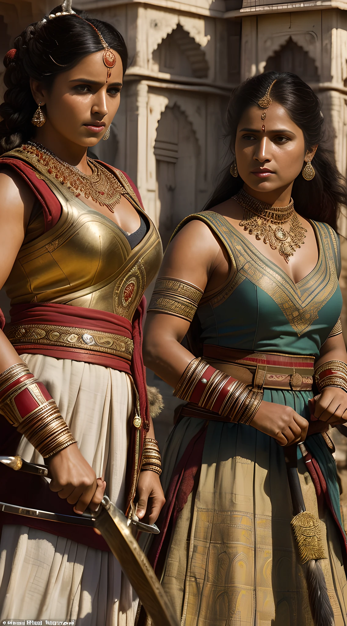 (masterpiece, UHD, Greg Rutkowski, detailed:1.2), trio of women warriors, adorned in (traditional 18th-century Indian battle gear:1.4), wielding spears, sturdy shields, practicing defensive formations, stone fortress backdrop, late afternoon, (warm light casting long shadows:1.2), muted colors, stern focus, side view, looking at viewer