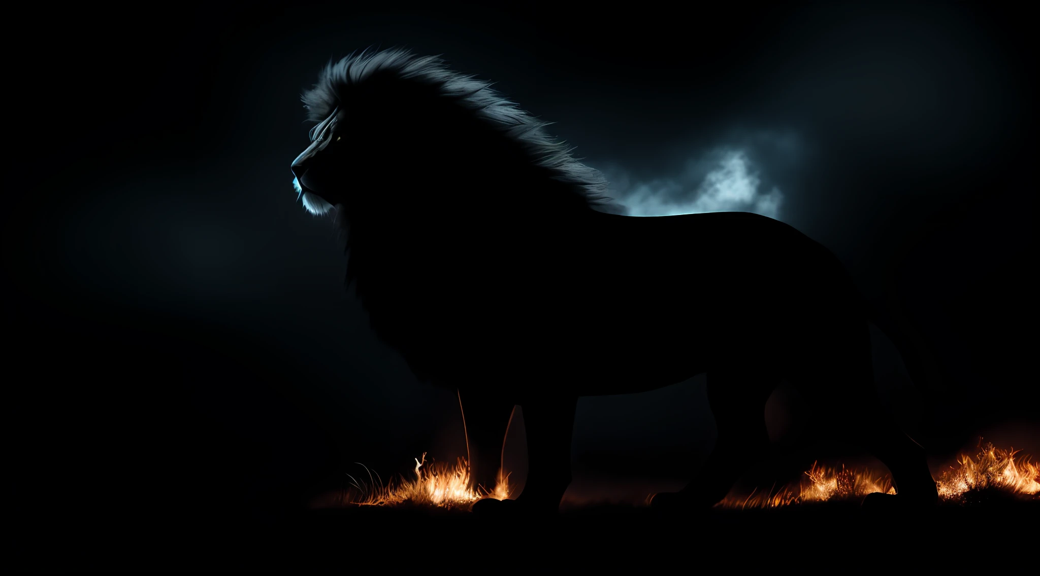 A flaming lion, epic, hdr, hiperdetalhado, cinematographic, cores suaves, bg nebuloso