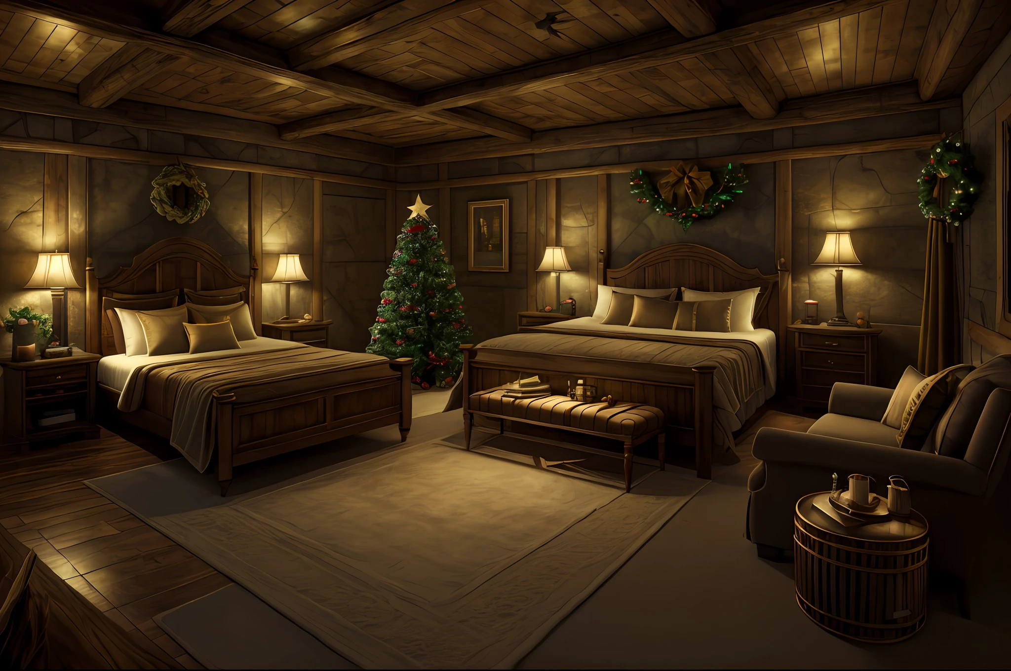 gran obra de arte,fotografia ultrarealista, (Dormitorio con una cama Acogedora), escena encantada, Thomas Kinkade,(Yuletide), cute cozy room, cozy room, photorealistic room, Hermoso render de un cuento de hadas, Ambiente acogedor, realistic fantasy render, Papel tapiz acogedor, personal room background, Noche de Navidad, acogedor y tranquilo, motor irreal ; romantic theme, cozy atmospheric