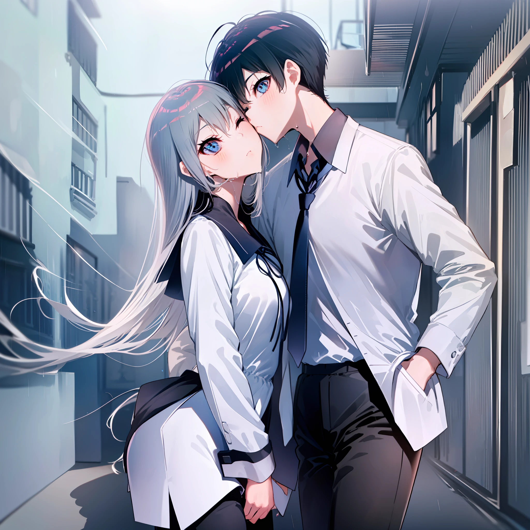 (((obra-prima))), (((melhor qualidade))), alto, ((((((1boy with short black hair and 1girl with long gray hair are kissing)))))), ((((1girl she has gray hair with blue eyes and 1boy he has short black hair with red eyes who are classmates)))), ((((They have different hair colors and eyes do not confuse)))), (desenha Kei e kiyotaka ayanokoji olhando um para o outro), (2schoolmates who are Kei and kiyotaka ayanokoji looking at each other), (Kei1), (1Menina), (((((Ela tem olhos azuis))))), (ela tem cabelo longo), (ela usa um uniforme escolar), (ela tem fita), (ela tem franja), fcollarbone, ela tem cabelo grisalho, (ela tem faixa de cabelo preto), (she has neck tape), (cabelo entre os olhos), (She has medium breasts), (Tiroteio de Cowboy), (she is looking seriously at Kiyotaka Ayanokuji), (anatomicamente correto corpo inteiro), (is standing in the street with rain falling), (esta com uma cara triste e preocupada), (Full detailed scenario), (1menino), (Kiyotaka Ayanokuji), (adolescente de 15 anos), school uniform white shirt black jacket open jacket red tie long black pants seated, ((((ele tem olhos vermelhos)))), ((ele tem cabelo preto curto)), corpo inteiro anatomicamente correto, pernas normais, usa sapatos pretos, (ele esta olhando para Kei1 ou para a garota), ((He's in front of Kei wanting to give her a kiss with his eyes closed)) , (it's head on for Kei), (Cena emocionante), (misterioso), (Full scenario), ((((They're soaking up with a lot of passion and abrasion)))), ((((They are being wet by the rain along with their clothes)))), ((Their bodies are anatomically correct and detailed without errors))