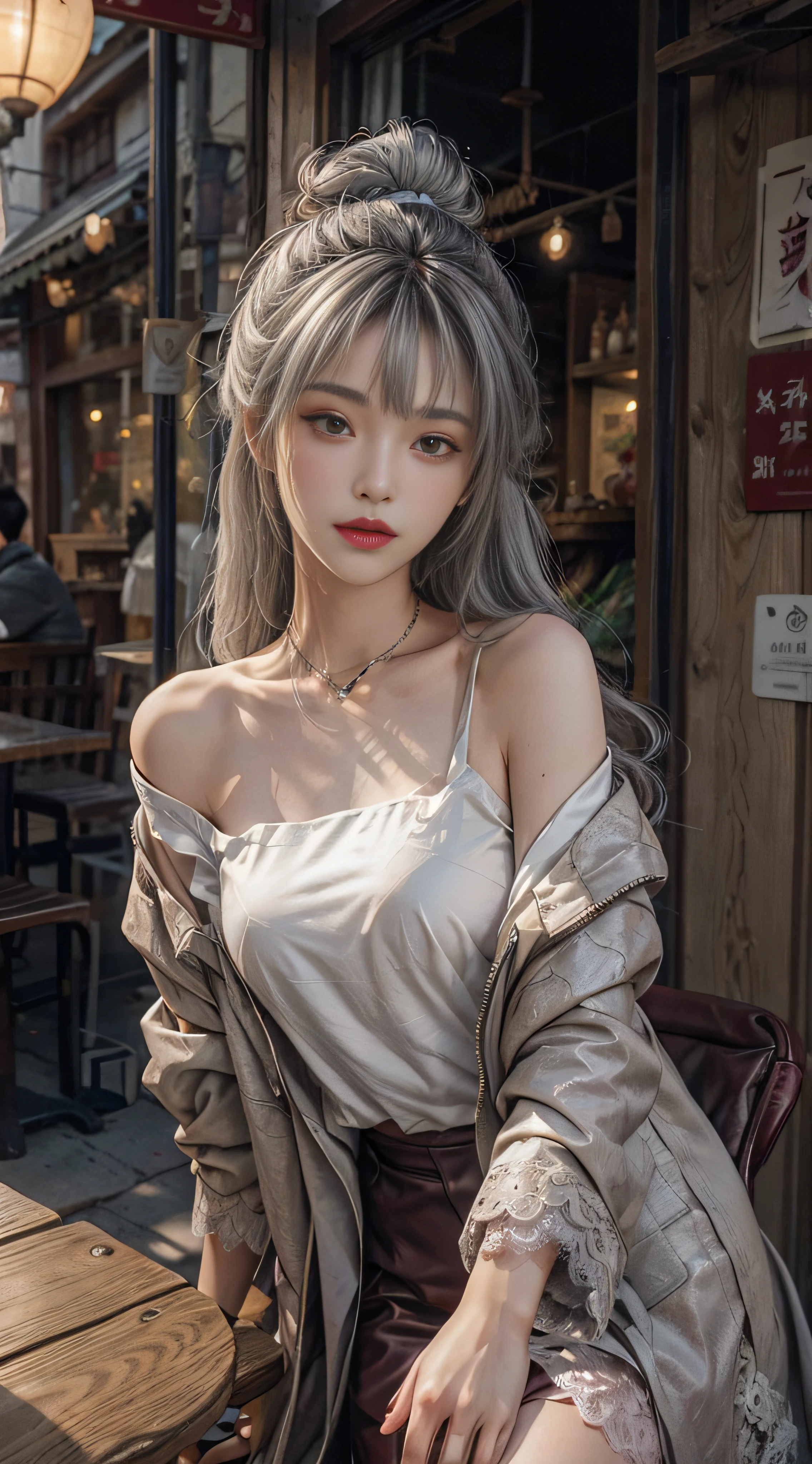 Gray lace,Gray hair,plein-air,Burgundy leather coat,Exposed shoulder,Silver long hair hair,In front of the milk tea shop,At the empty table,
