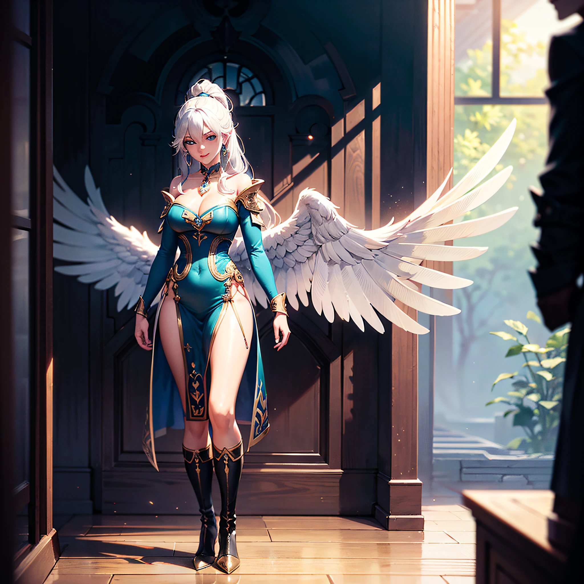 ((Top Quality, 8k, Masterpiece: 1.3)), arafed, dnd art, full body, aasimar (Masterpiece 1.3, intense details), cleric (Masterpiece 1.5, best quality), standing, casting a spell (Masterpiece 1.4, intense details), large angelic wings, white angelic wings spread (Masterpiece 1.3, intense details), fantasy temple background (Masterpiece 1.3, intense details), standing at dawn, sunlight, wearing white armor (Masterpiece 1.3, intense details), black high heeled boots, detailed accurate face, (Masterpiece 1.5, best quality), long hair, blue eyes, red hair, long hair, ponytail, celestial choker, symbol-shaped pupils, anatomically correct (Masterpiece 1.3, intense details), makeup, good smile, ultra-wide shot, silver hair, very long hair, wavy hair, jewelry, aqua eyes, makeup, god rays, cinematic lighting, glowing light, silhouette, from outside, photorealism, Wide-Angle, Ultra-Wide Angle, 8k, highres, best quality, high details