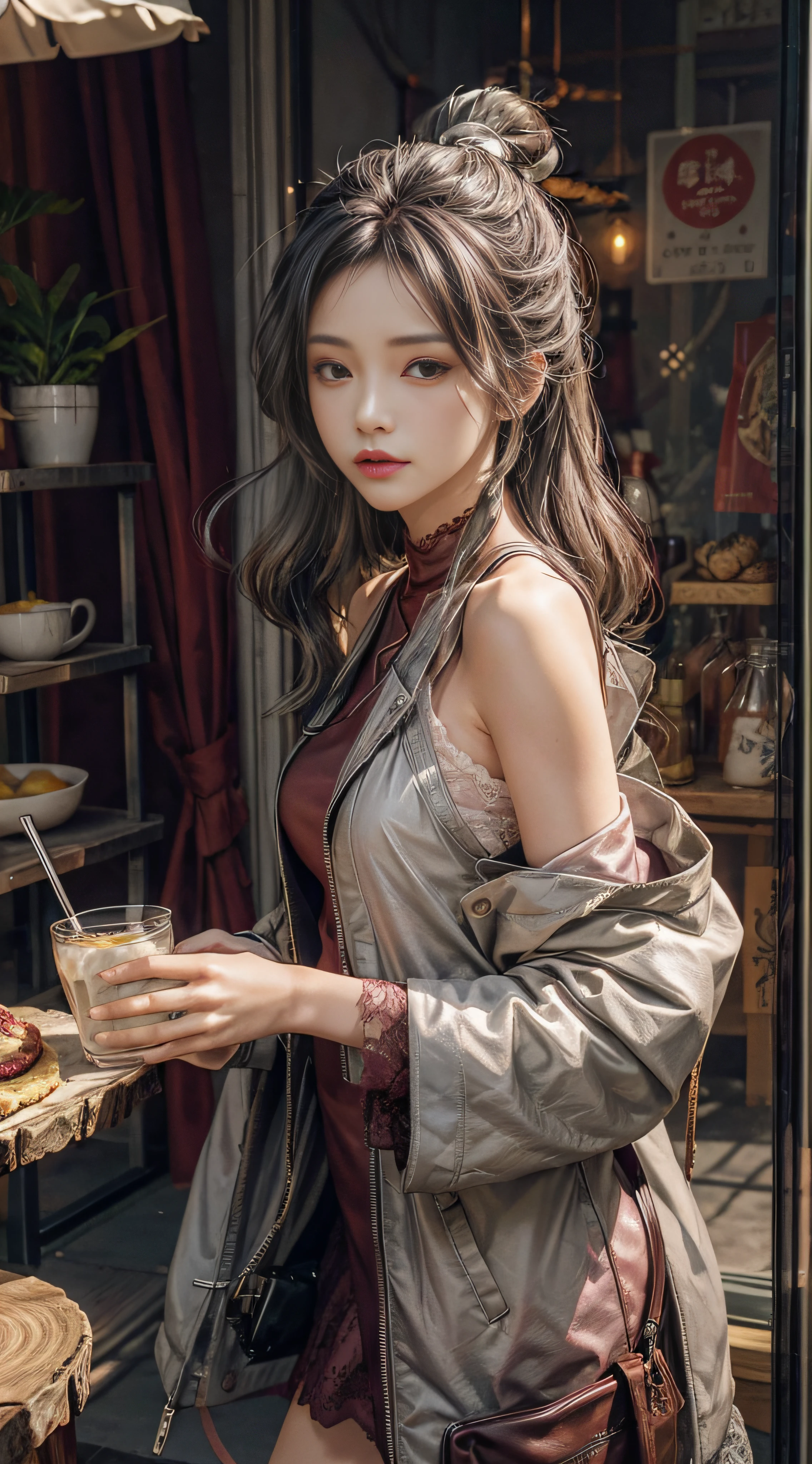 demi-corps,OriginalPhoto,Drink lemon juice,Gray lace,Gray hair,plein-air,Burgundy leather coat,Exposed shoulder,Silver long hair hair,In front of the milk tea shop,At the empty table,