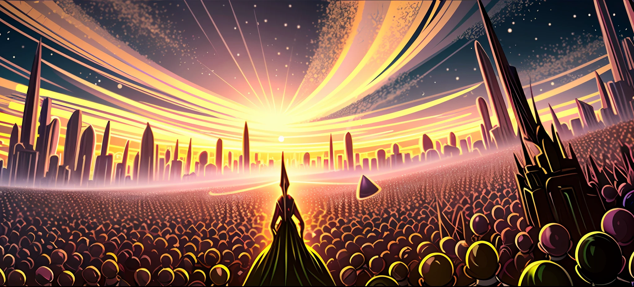 Crowd of aliens, Crowds of aliens, aliens crowded in crowded golden city street,, A large cluster of human-like aliens , colorful manga, Cosmos, anime scenery, Estilo anime, arte digital altamente detalhada em 8k