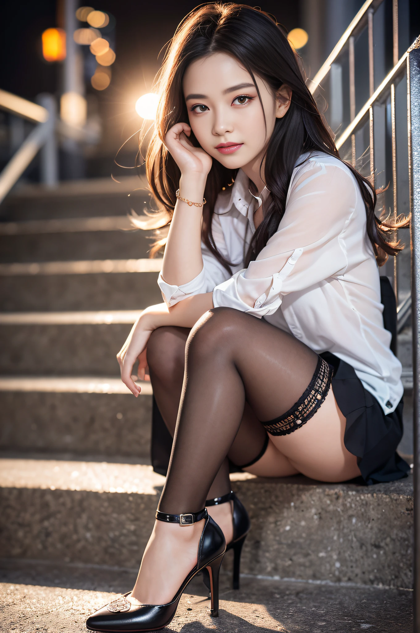 8K RAW photos、high - resolution、17-year-old daughter、layered hair、Formal shirts、formal skirt、Smiling smile、long eyelash、beautiful double eyelids、eyeshadows、beautiful and thin legs、Pantyhose、bobhair、In front of the station at night、Stairs at night、squating、sit ch、Luxury high heels、(Intricate Detailing:1.4),(photorealestic:1.4),octane renderings, Complex 3D Rendering Ultra Detail, Studio soft light, rim-light, vivd details, Super detail, realistic skin textures, Detail face, Beautiful detail eyes, Very detailed CG Unity 8k wallpaper, Makeup, (Detailed background:1.2),