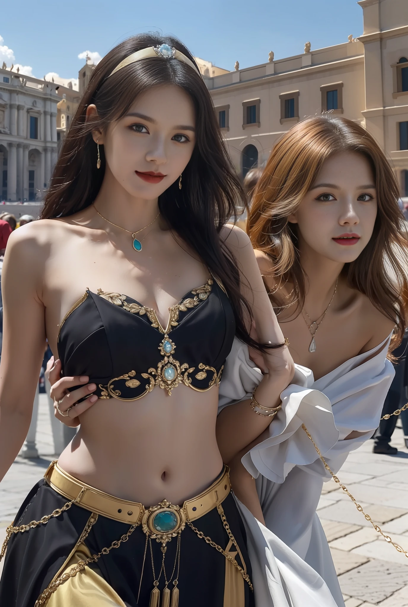 巨作, 4K, Best quality, FELute, necklace,Gorgeous dress, (on the St. Peter's Square of Vatican,crowd of),Bracers, Cowboy shot, lookatthe viewer, Smirk, Hand up