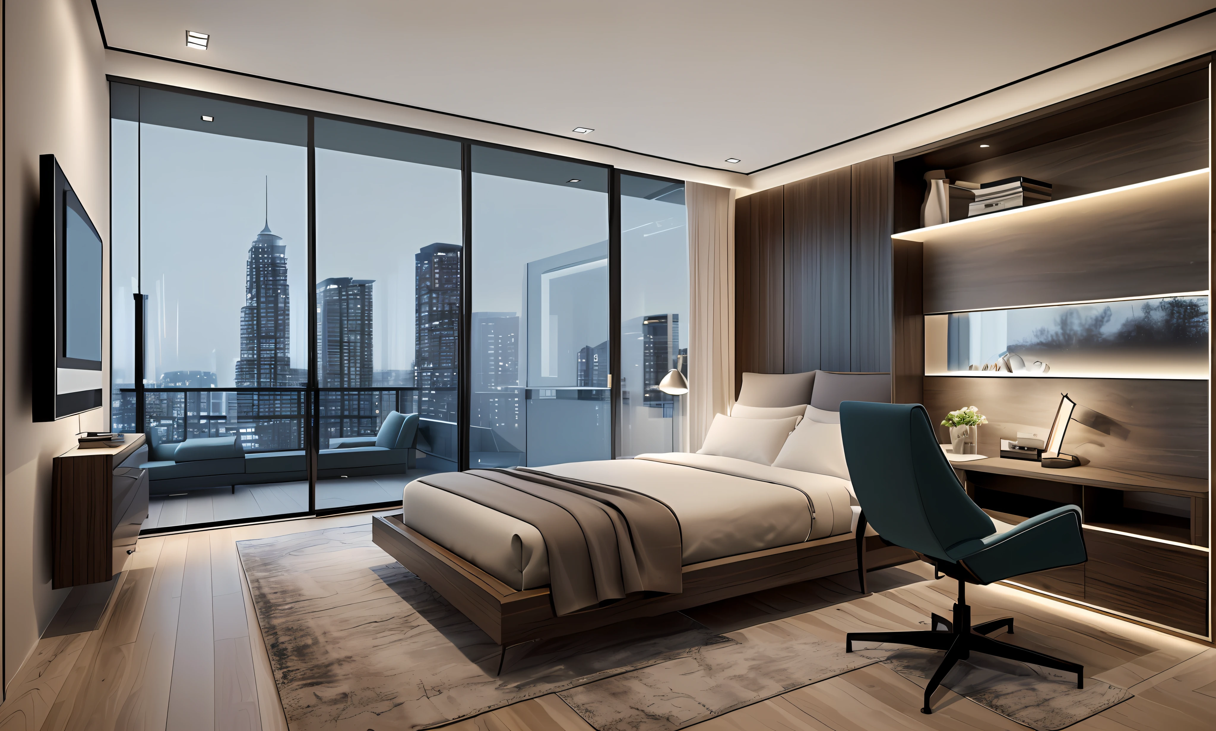 Best quality, masterpiece, supper detail, arafed bedroom with a large bed and a flat screen tv, luxury condo interior, luxury hd render, apartment design, elegant and refined, bed room, elegant render, exquisite rendering, bedroom interior, fancy apartment, high end interior, exquisite detail, rendered in enscape, luxurious environment, high quality rendering, city apartment, well lit 3 d render
