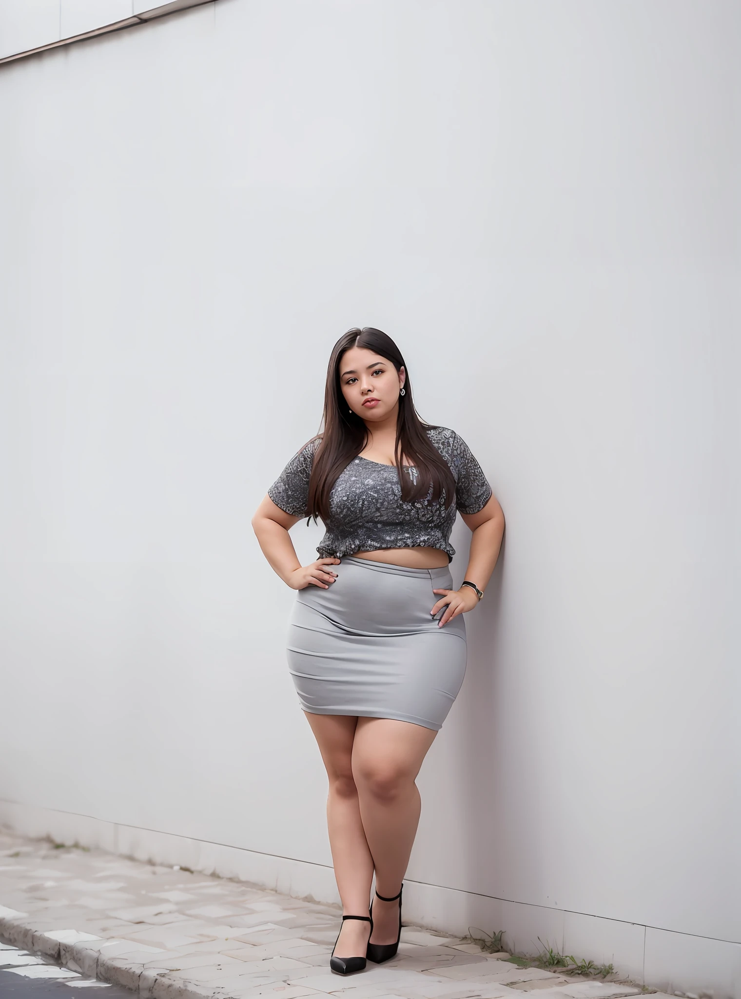 A woman in a white skirt and gray top standing against a wall, mulher plus size, modelo plus size sedutor, saia cinza, cintura magra e quadris grossos, comprimento de corpo inteiro, Pose completa, fotografia de corpo inteiro, plus size, Tiro de corpo inteiro, na frente do fundo branco, camisa branca e saia cinza, Pose de corpo inteiro, corpo inteiro largo