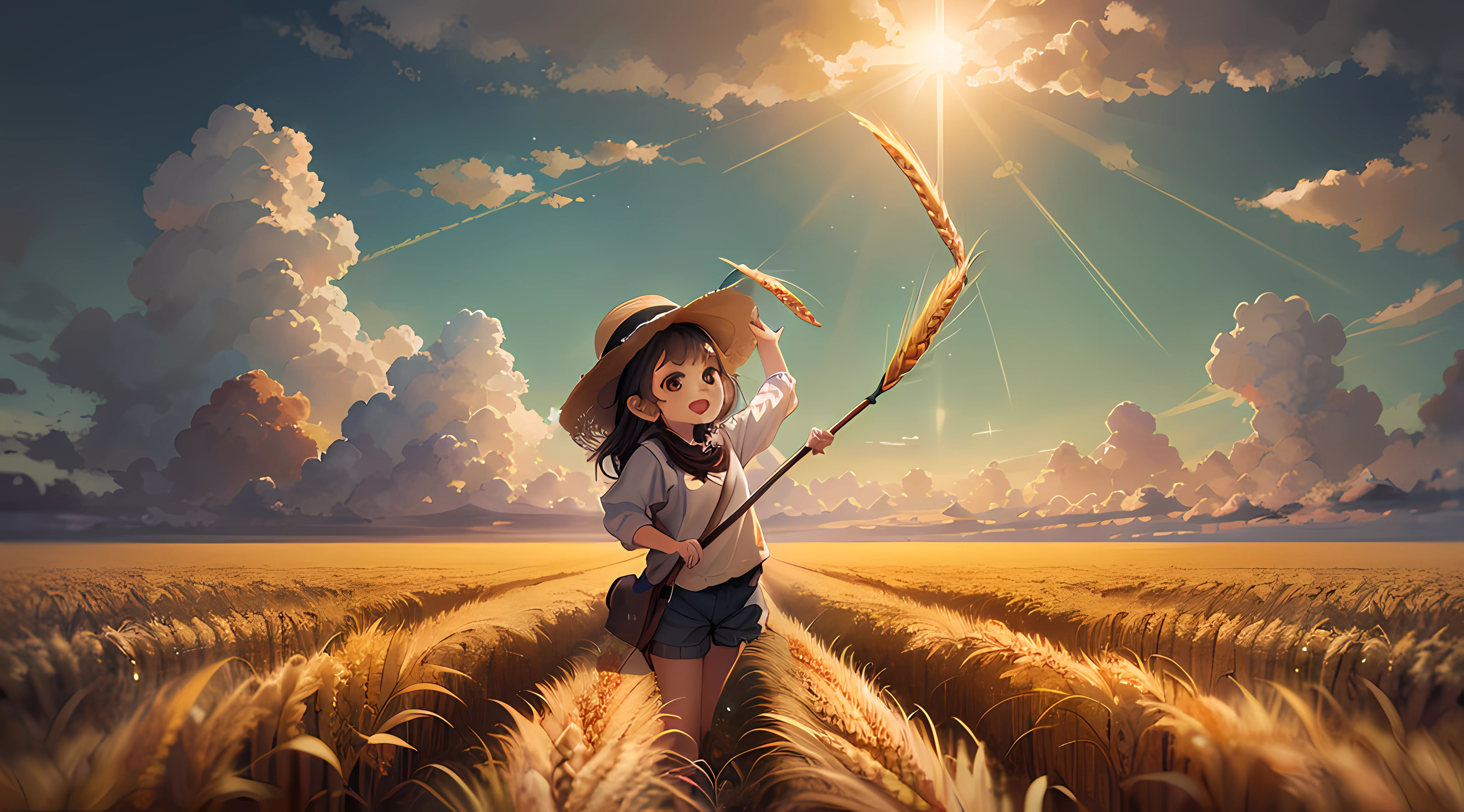 There was a little girl wearing a hat，A straw hat with a stick, girl walking in wheat field, childrens art in artstation, on the vast wheat fields, in a wheat field, cute digital painting, Beautiful digital artwork, walking in the wheat field, in field high resolution, shutterstock contest winner, adorable digital art