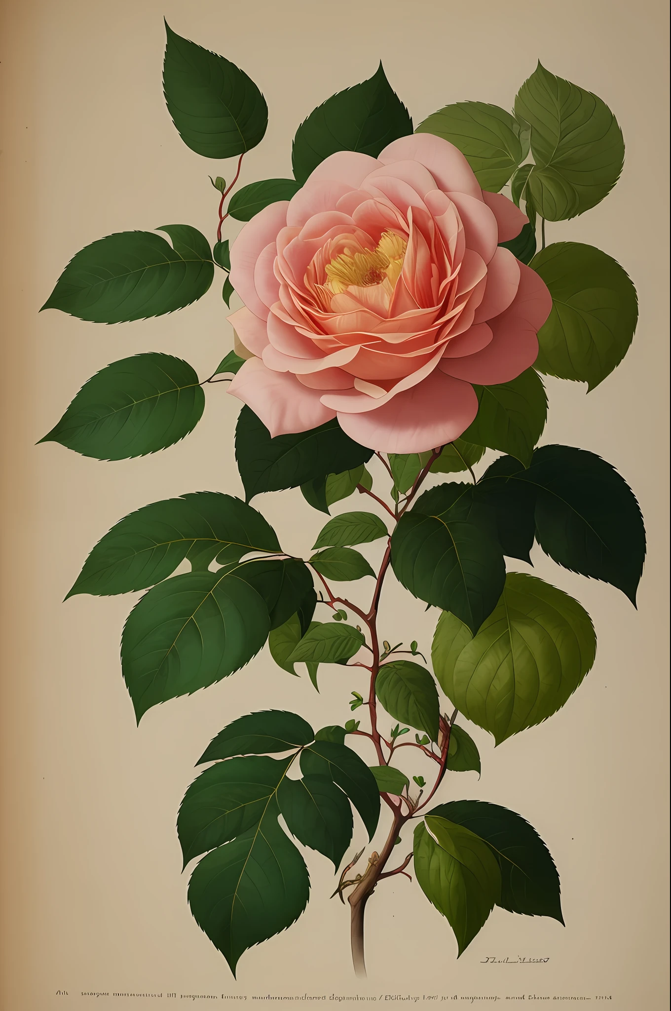 (best quality:1.2), (detailed:1.2), (masterpiece:1.2), vintage botanical illustrations of Larger Provence Rose (1770 1775) in high resolution by John Edwards