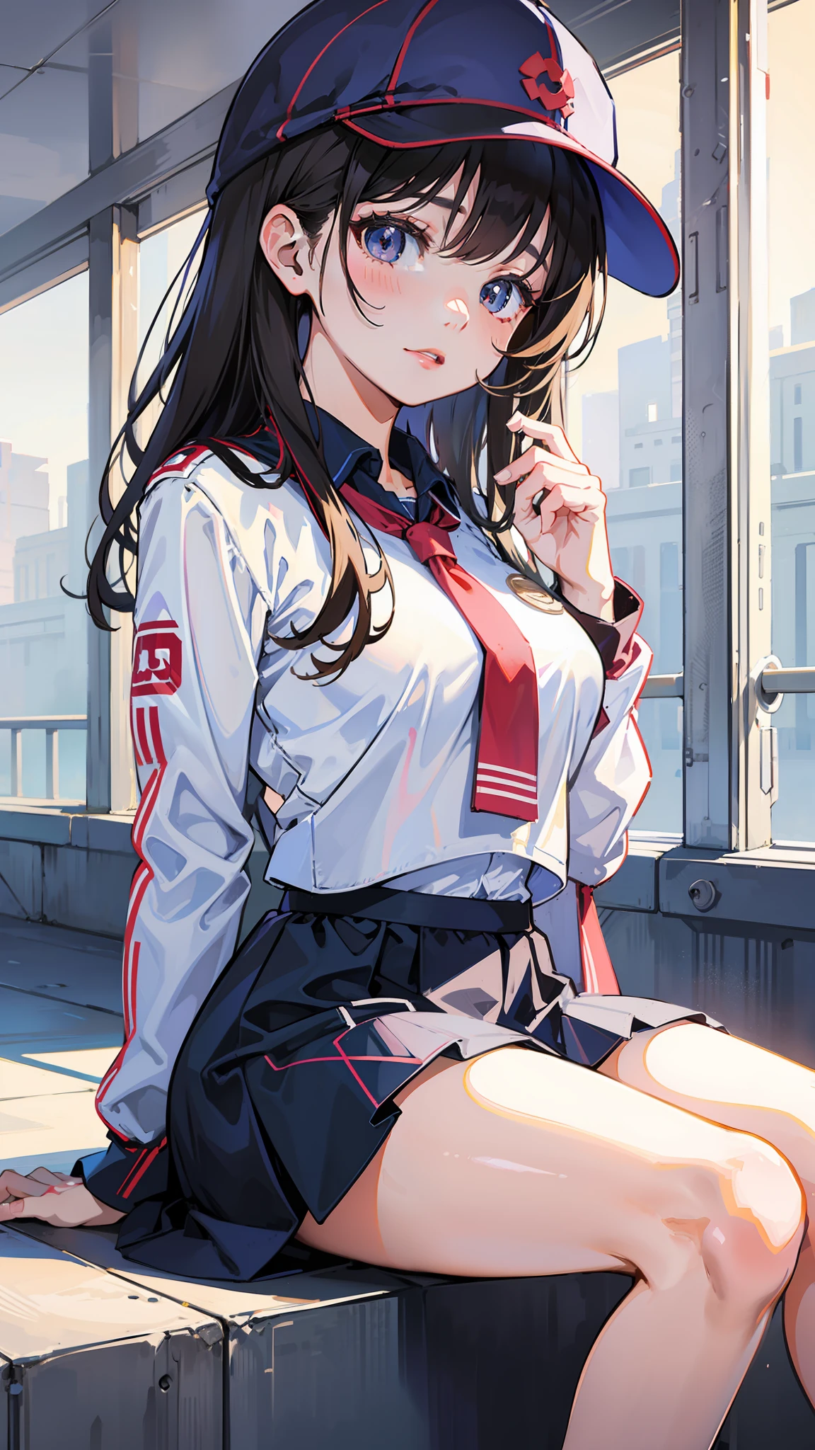 High school girl in miniskirt in uniform doing gym sitting　Cute anime illustration　Hi-Res　1girl in