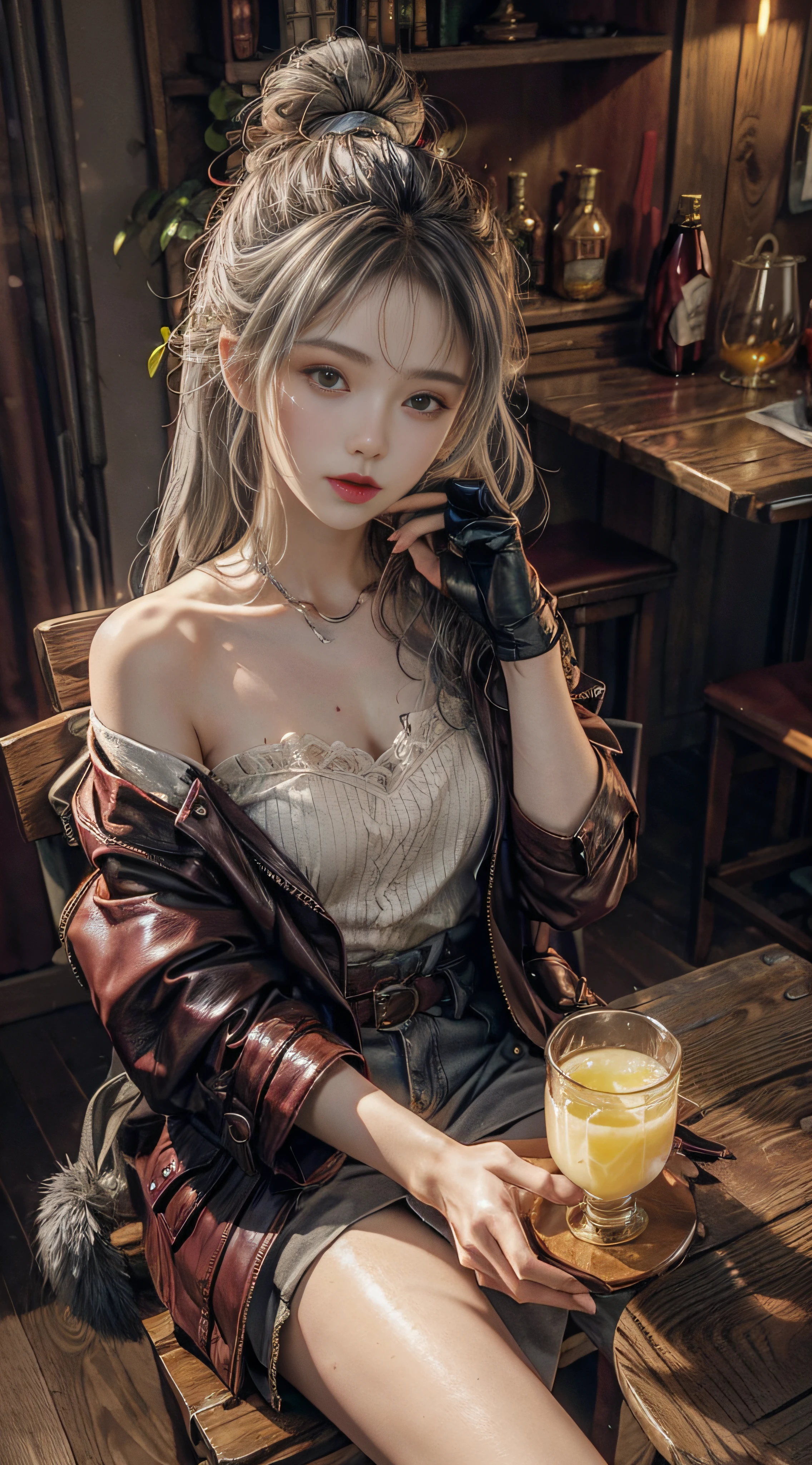 demi-corps，OriginalPhoto，At the empty table，Drink lemon juice，Burgundy leather coat，Exposed shoulder，silverlong hair，Gray lace，Gray hair,plein-air